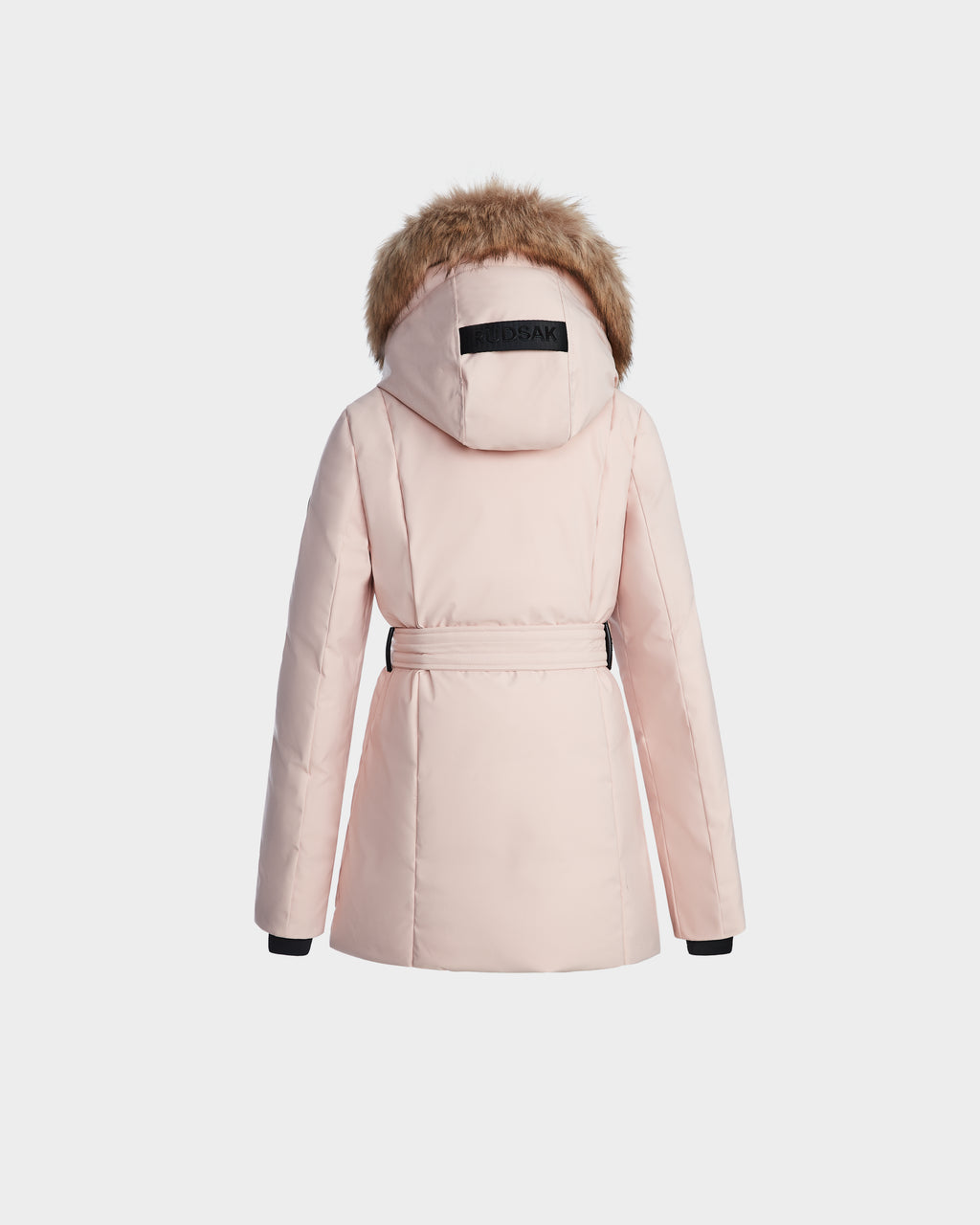 The Rudsak MODA K - 0124505 Pastel Pink girls' down parka, made from recycled nylon, features black accents, a waist belt, and a faux fur-trimmed hood; shown from the back on a plain white background.