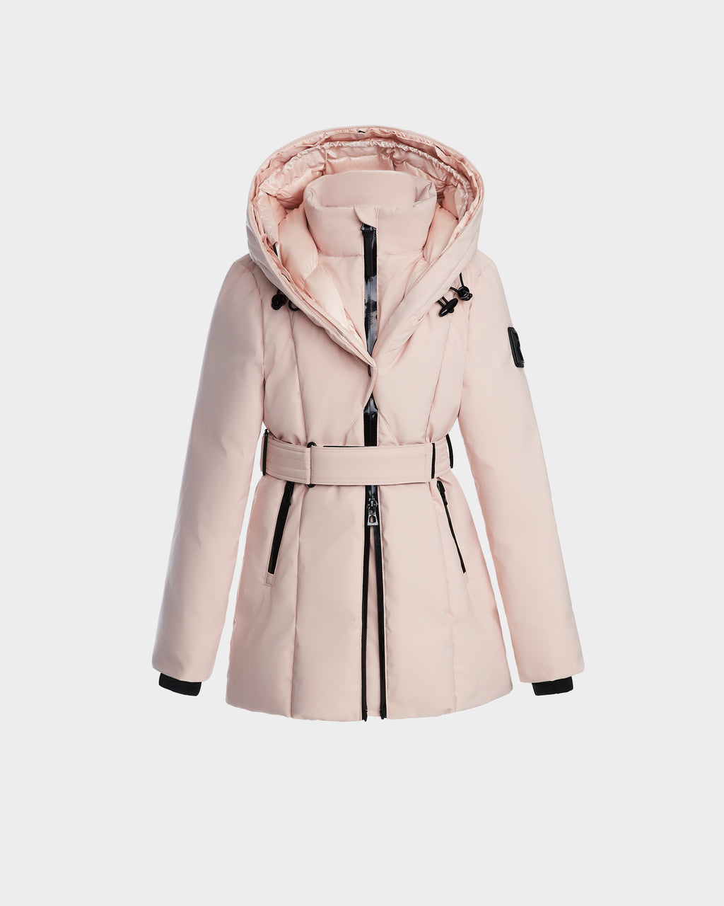 The Rudsak MODA K - 0124505 Pastel Pink is a girls’ down parka with a belted waist, hood, black zipper accents, and fitted cuffs, made from recycled nylon, shown against a plain white background.