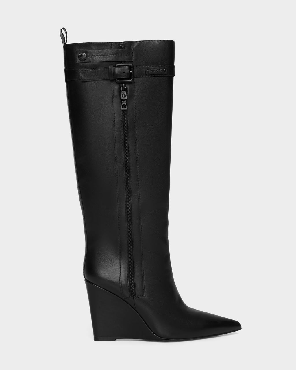 The Rudsak NANCY - 8224507 Black is a women’s knee-high wedge boot in smooth leather, featuring a pointed toe, side zipper, and decorative buckle strap near the top. Shown against a plain light background.