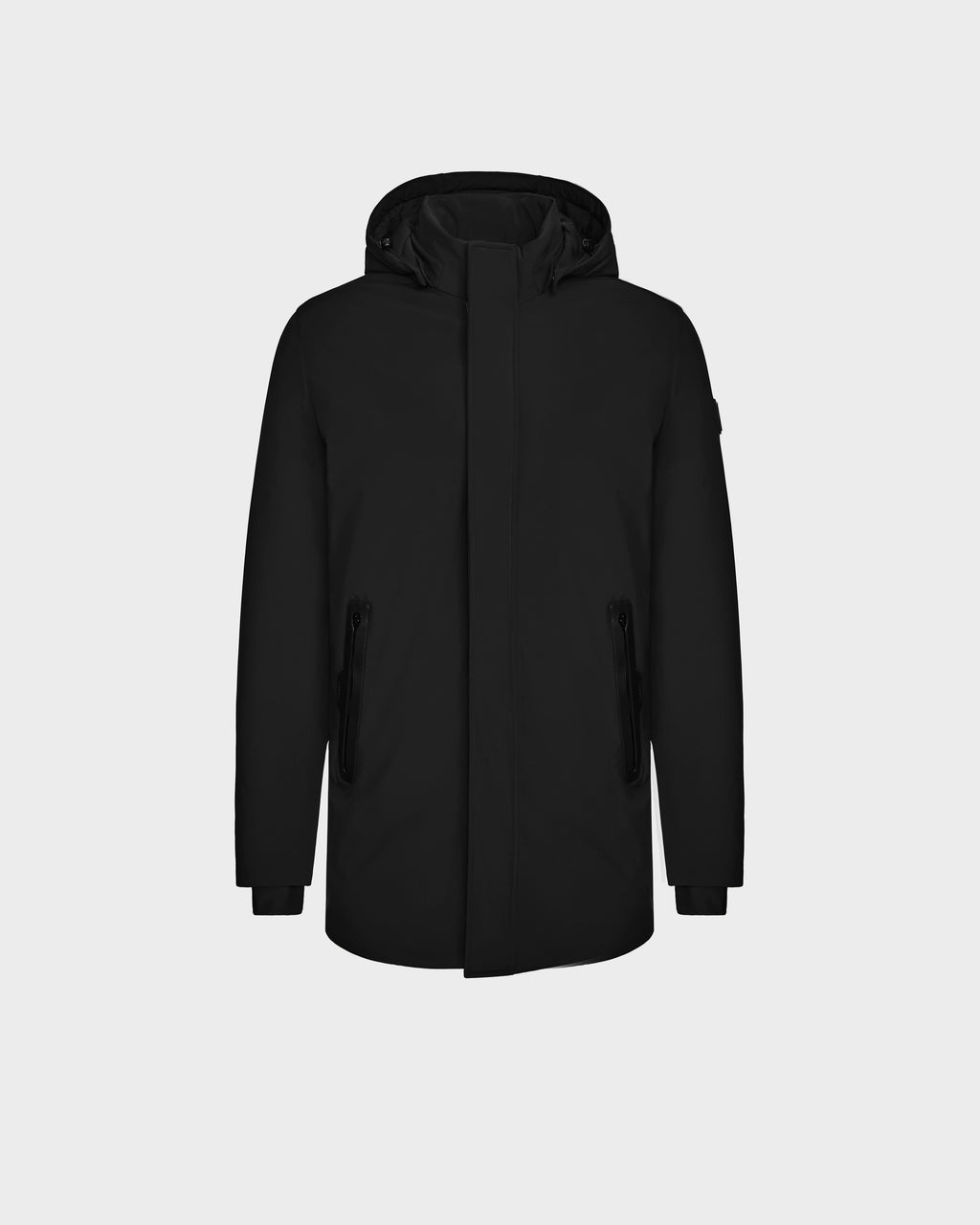 The Rudsak NATAN - M124519 Black men’s parka features down fill, a hood, front zipper, and two zippered side pockets, shown against a plain light gray background.