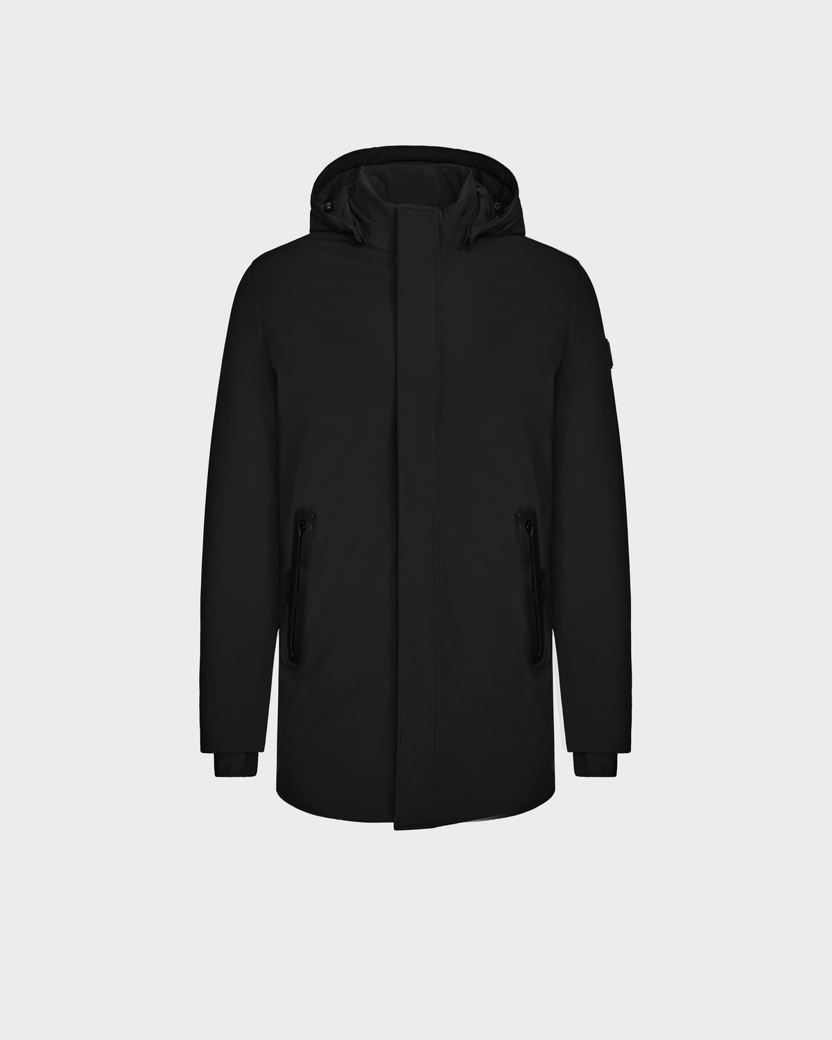 The Rudsak NATAN - M124519 Black men’s parka features down fill, a hood, front zipper, and two zippered side pockets, shown against a plain light gray background.
