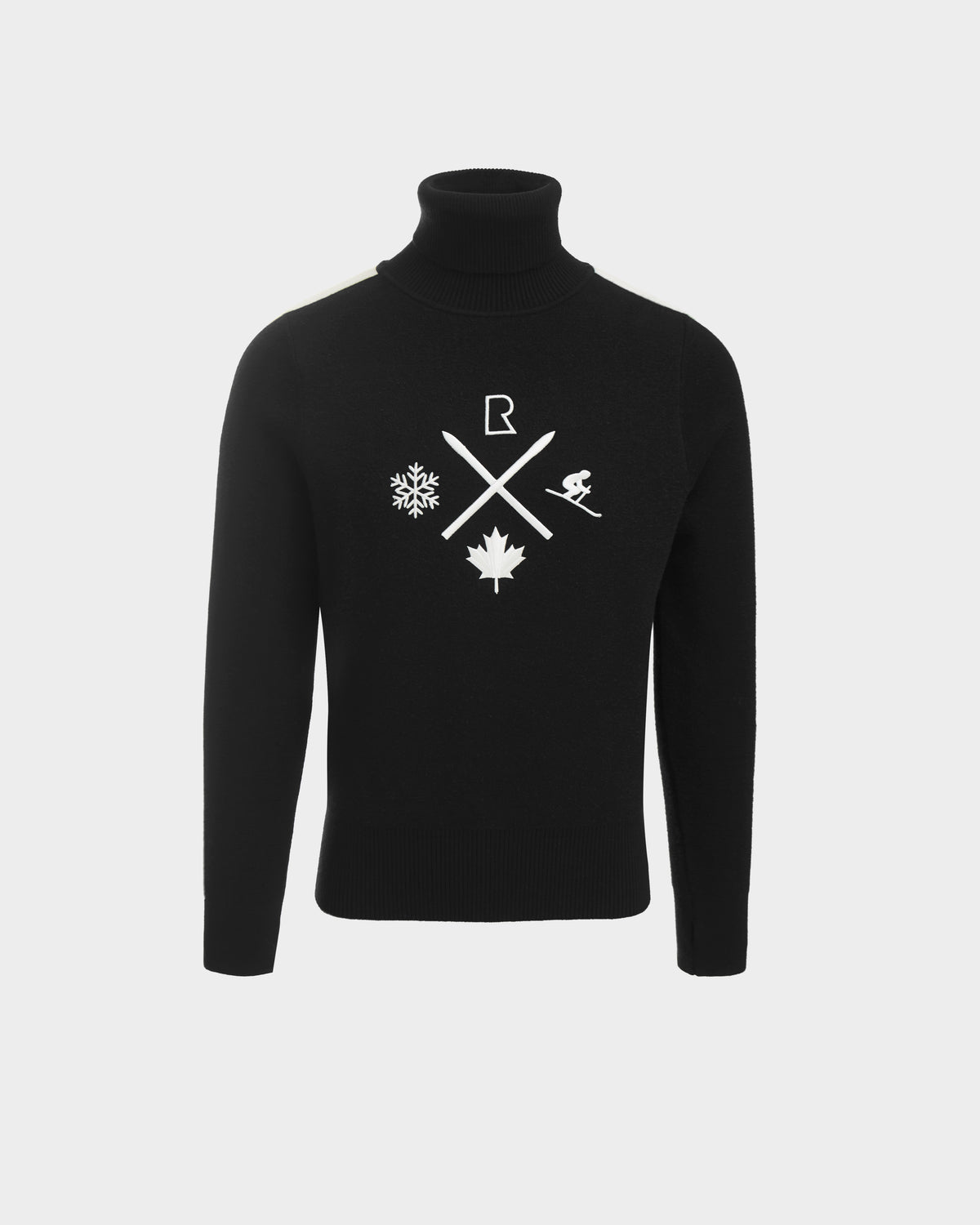 The Rudsak OLIVIER - 6524545 Black mens ski turtleneck features white symbols—a snowflake, maple leaf, crossed skis, skier, and letter R—ideal for winter style. Shown on a plain light grey background.
