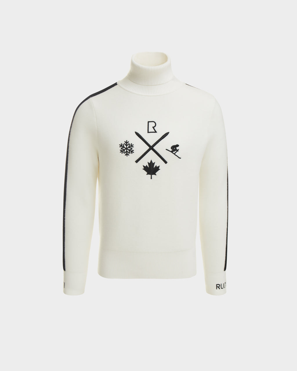 The OLIVIER - 6524545 Optic White mens ski turtleneck by Rudsak features black shoulder stripes, winter-inspired symbols—snowflake, crossed ski poles, maple leaf, and letter R—plus RW on the sleeve cuff. Ideal for après-ski style.