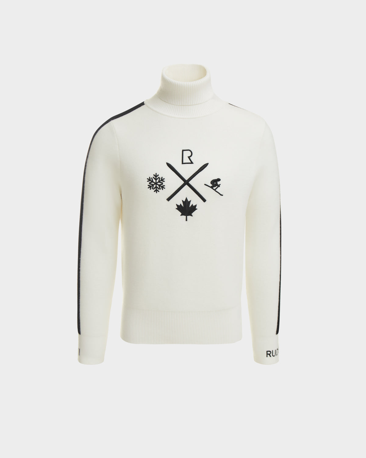 The OLIVIER - 6524545 Optic White mens ski turtleneck by Rudsak features black shoulder stripes, winter-inspired symbols—snowflake, crossed ski poles, maple leaf, and letter R—plus RW on the sleeve cuff. Ideal for après-ski style.