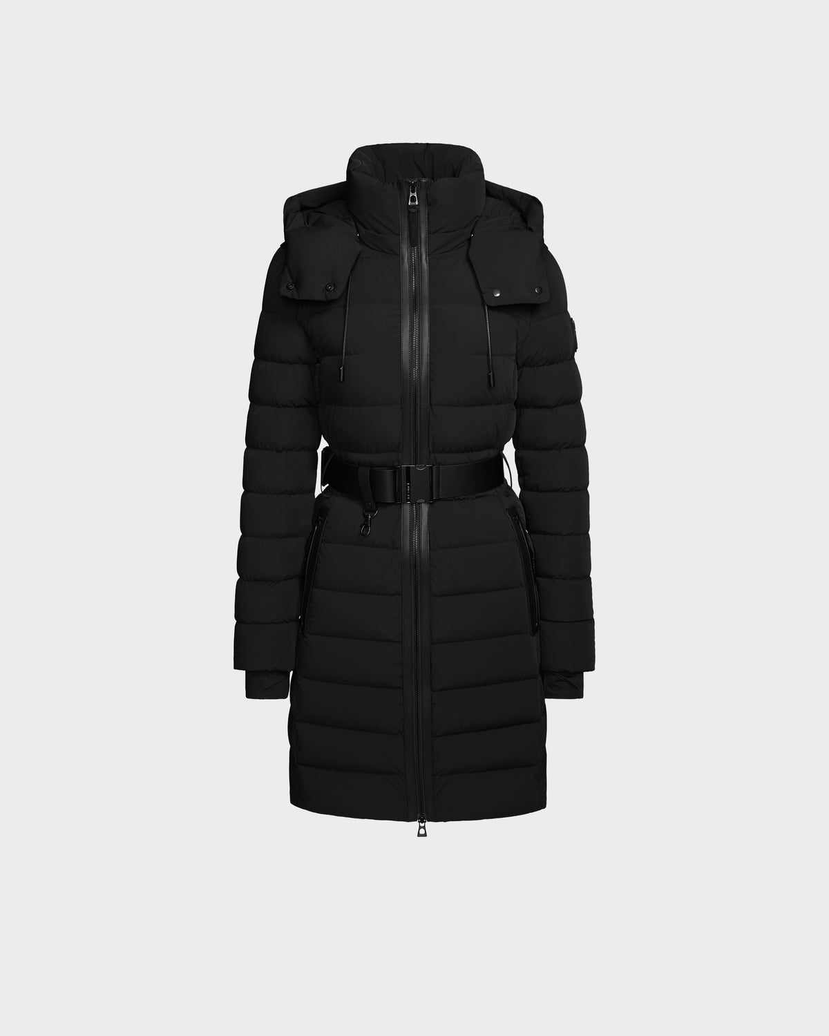 The Rudsak PELIN M - 8124814 Black is a long womens down puffer coat with a hood, belted waist, zippered front and pockets, shown against a light gray background.