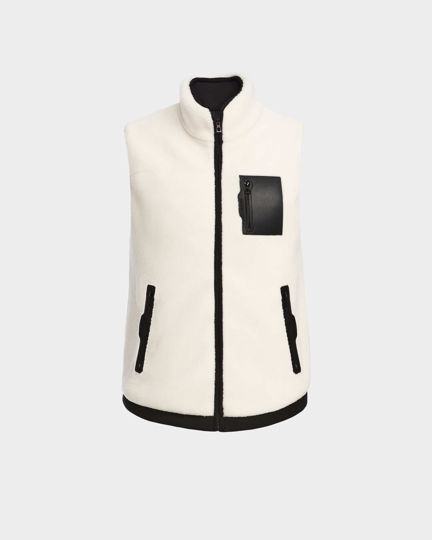 The Rudsak RUMMY - U524502 Iceland M is a sleeveless white unisex polar fleece vest featuring black zipper details, two side zip pockets, and a left chest zip pocket—an ideal layering piece shown against a plain light background.