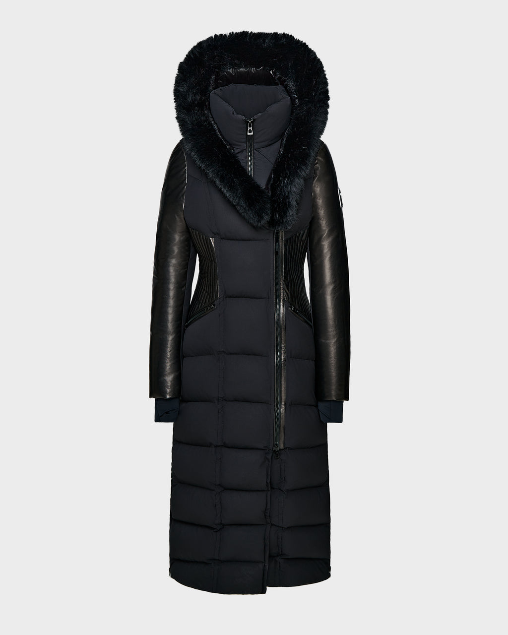 The Rudsak SHANNON - 8121511 BLACK is a long black quilted maxi down parka featuring a faux fur-trimmed hood, leather sleeve accents, and front zipper. Its fitted waist and below-the-knee cut offer stylish warmth for winter days.