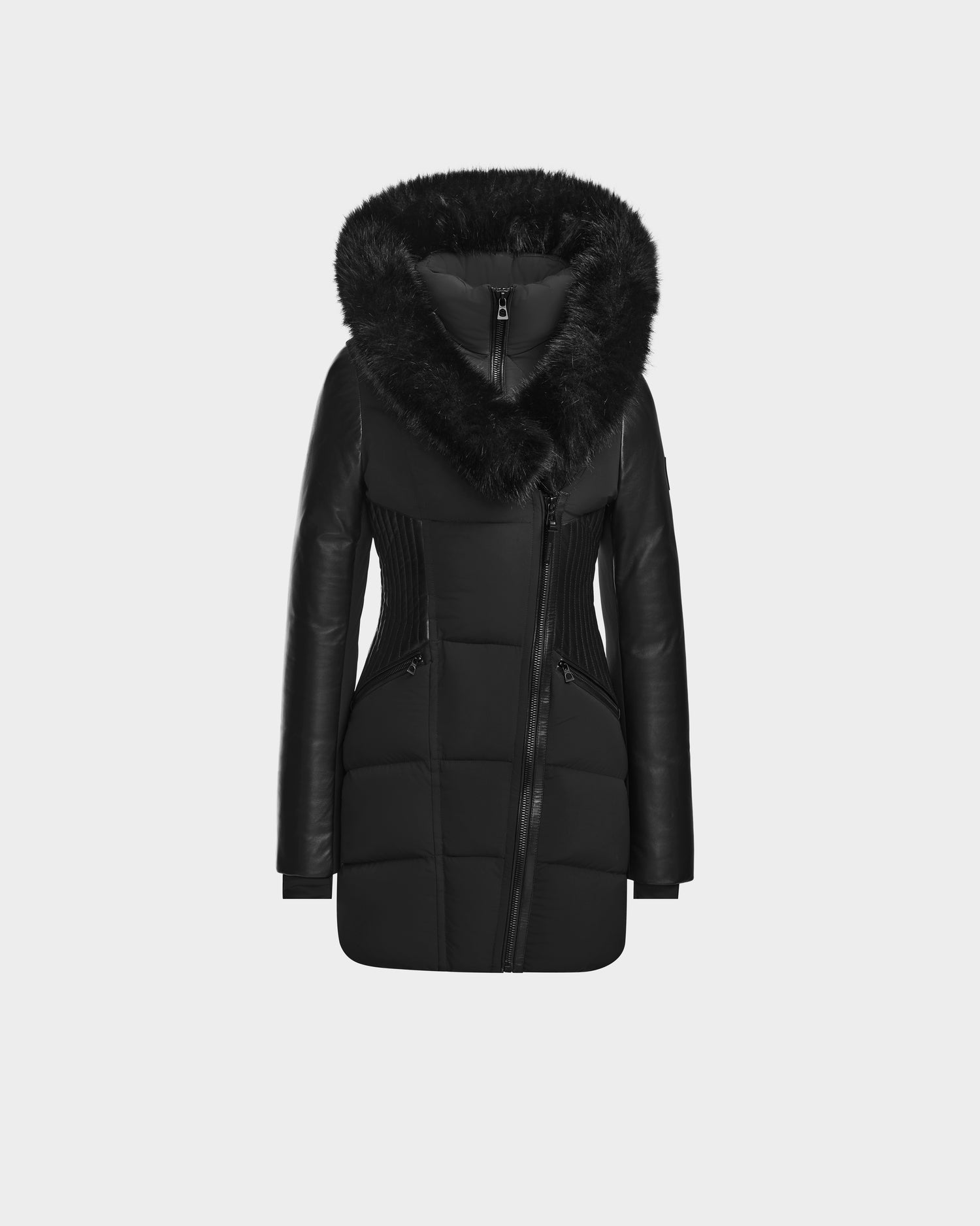 The SHAUNA - 8122586 BLACK by RUDSAK is a black, knee-length winter coat featuring a fur-lined hood, padded body, long sleeves, asymmetrical front zipper, ribbed side panels, two front pockets, and RDS-certified down filling for warmth.