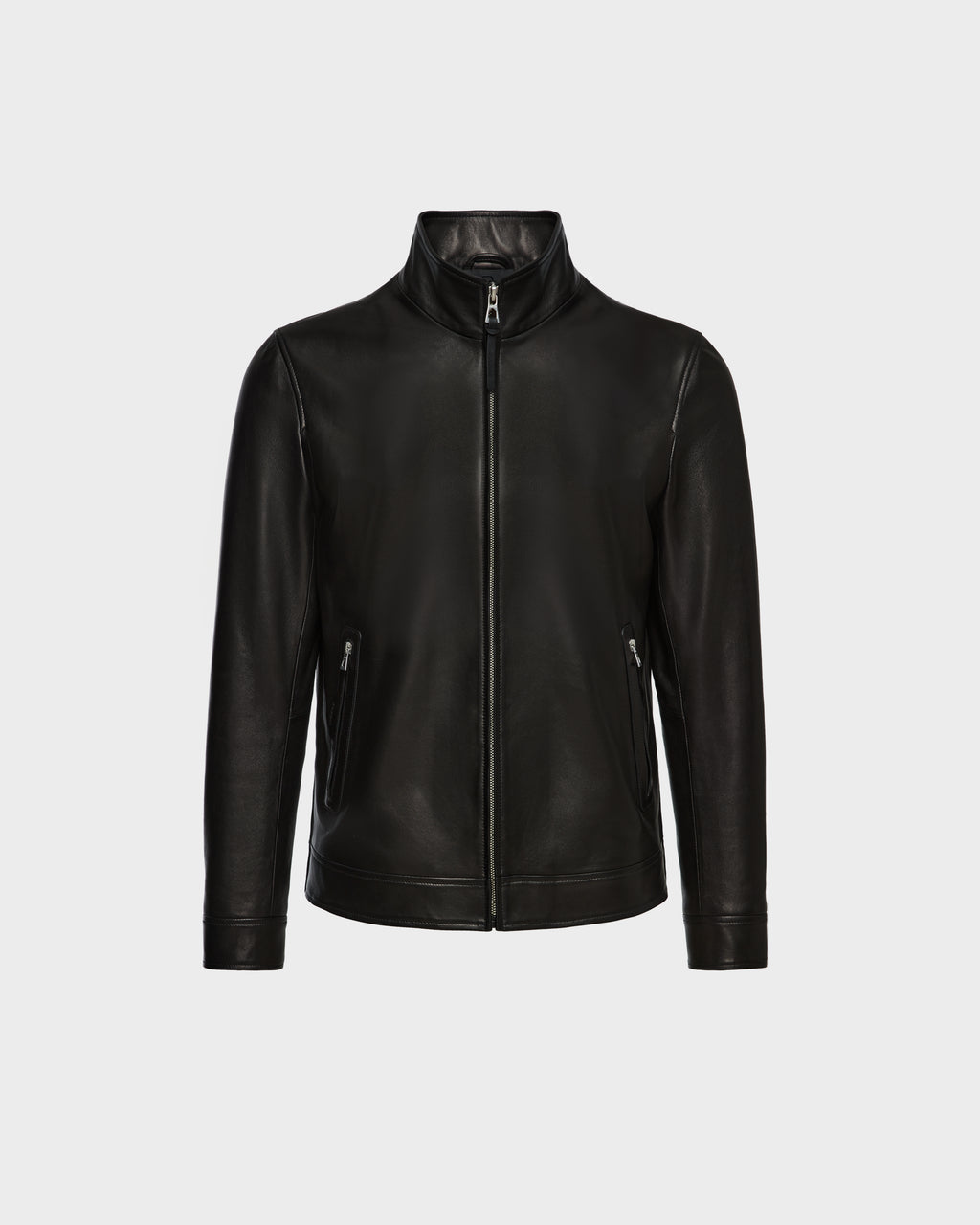 The STEVEN - 6124541 Black men’s leather jacket by Rudsak features a stand-up collar, front zipper closure, and two zippered side pockets, shown here against a plain white background.