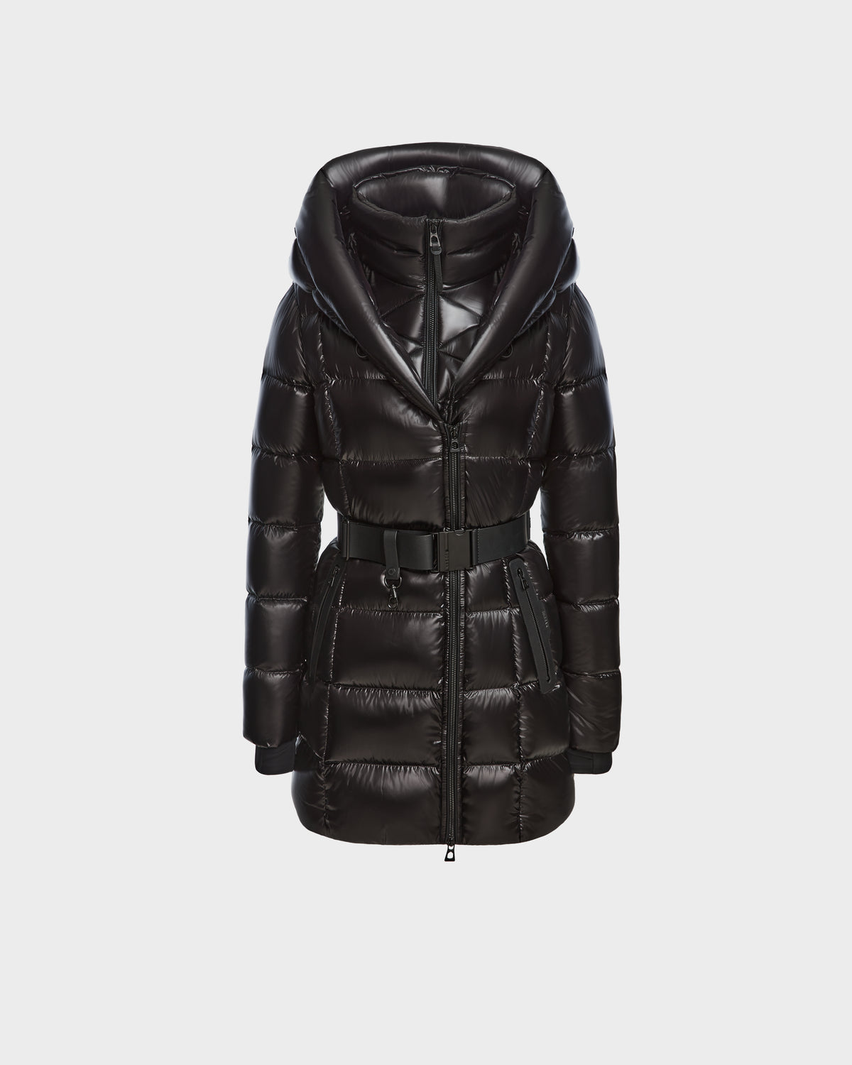 The Rudsak TAYLOR S - 8124820 Black womens down puffer jacket features a shiny finish, large hood, belted waist, zippered front, and horizontal quilting for water-repellent warmth and style, shown on a plain white background.