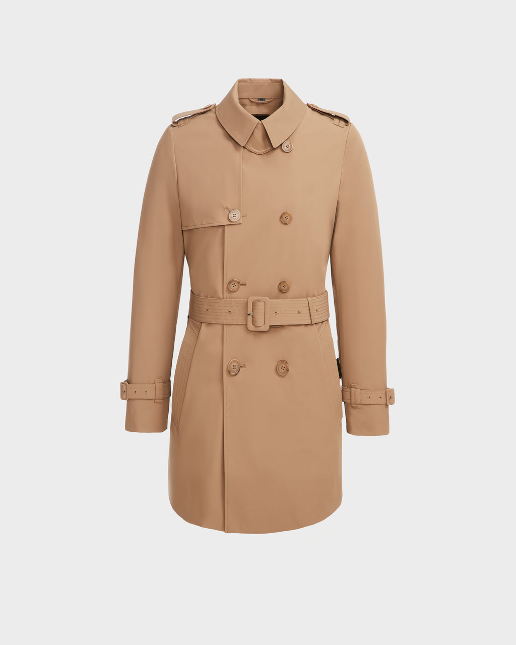 The Rudsak TIM - 6124025 Camel is a beige, knee-length mens trench coat with a belted waist, double-breasted front, button accents, and shoulder epaulets, shown against a plain white background.