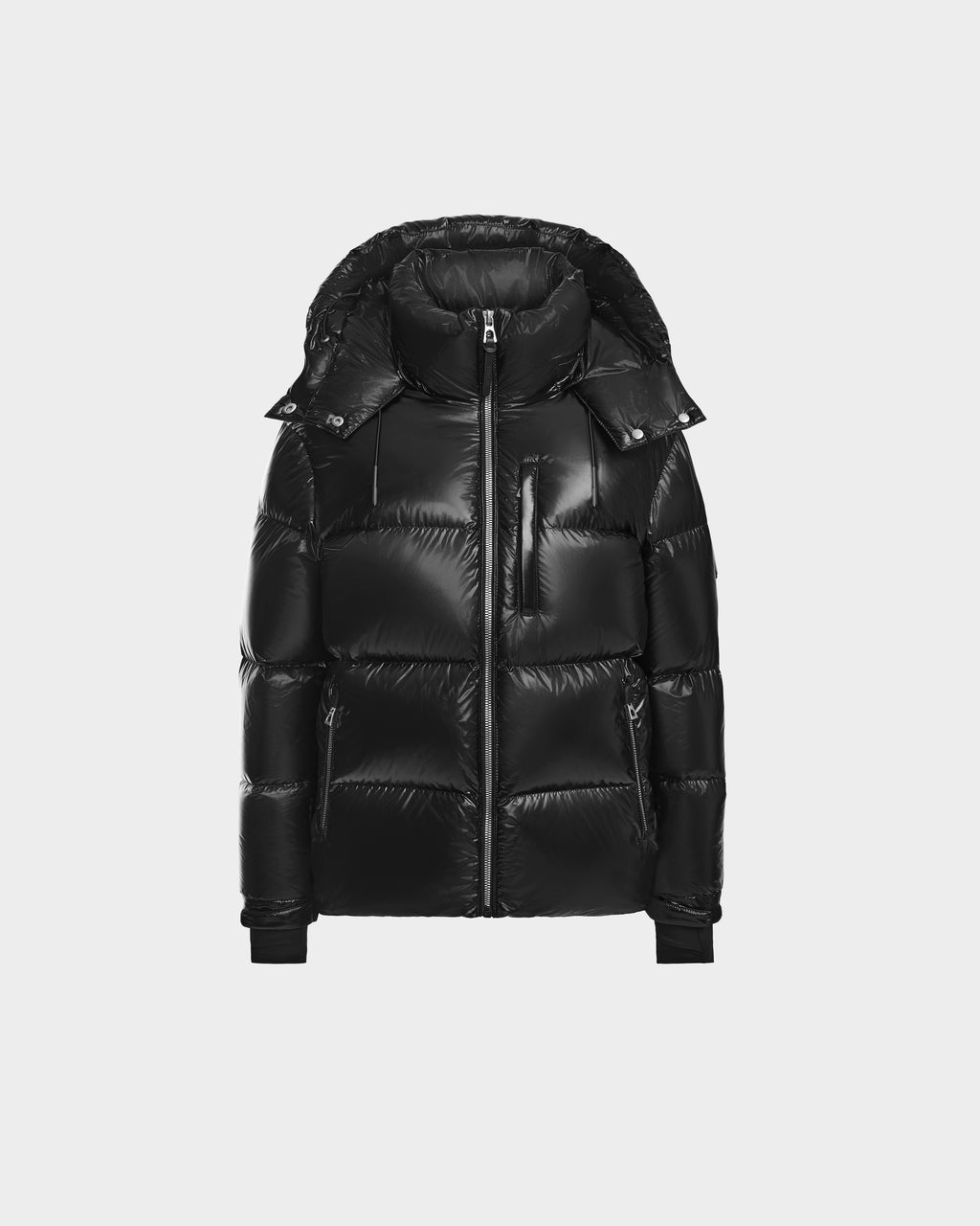 The Rudsak VINCE KS - 0124502 Black is a shiny unisex winter jacket with a hood, front zipper, two side zip pockets, and ribbed cuffs, filled with RDS-certified down and shown on a plain light gray background.