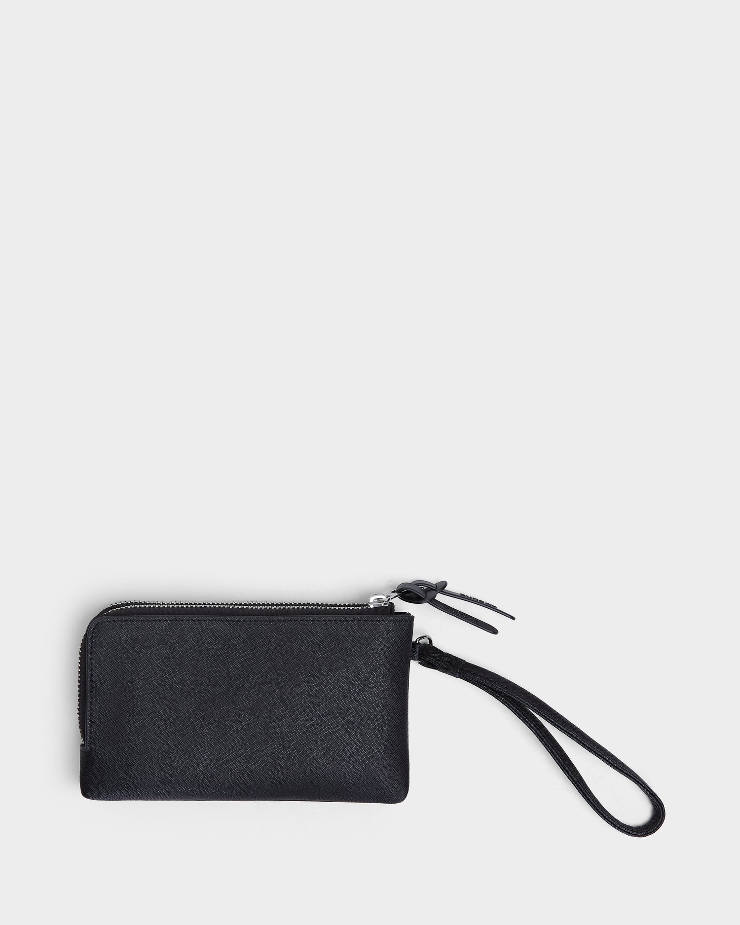 The Rudsak ZURIE - L424501 Black is a compact women’s leather wristlet wallet featuring a zippered compartment and wrist strap, shown on a plain white background.