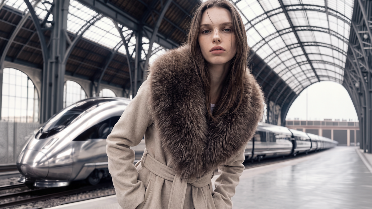 A woman wearing a beige coat with a large brown fur collar stands on a train station platform with a silver high-speed train in the background.
