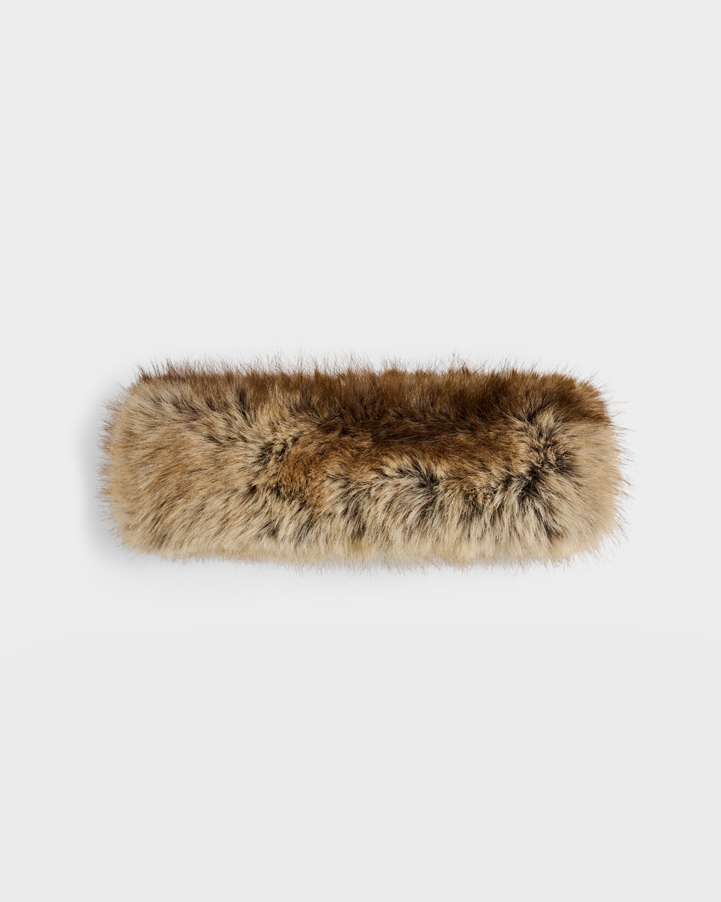 The Rudsak ARLETTE - 8425544 Mix Mocha is a rectangular, fluffy brown and beige faux fur muff shown on a plain white background—an elegant winter accessory for cold-weather fashion.