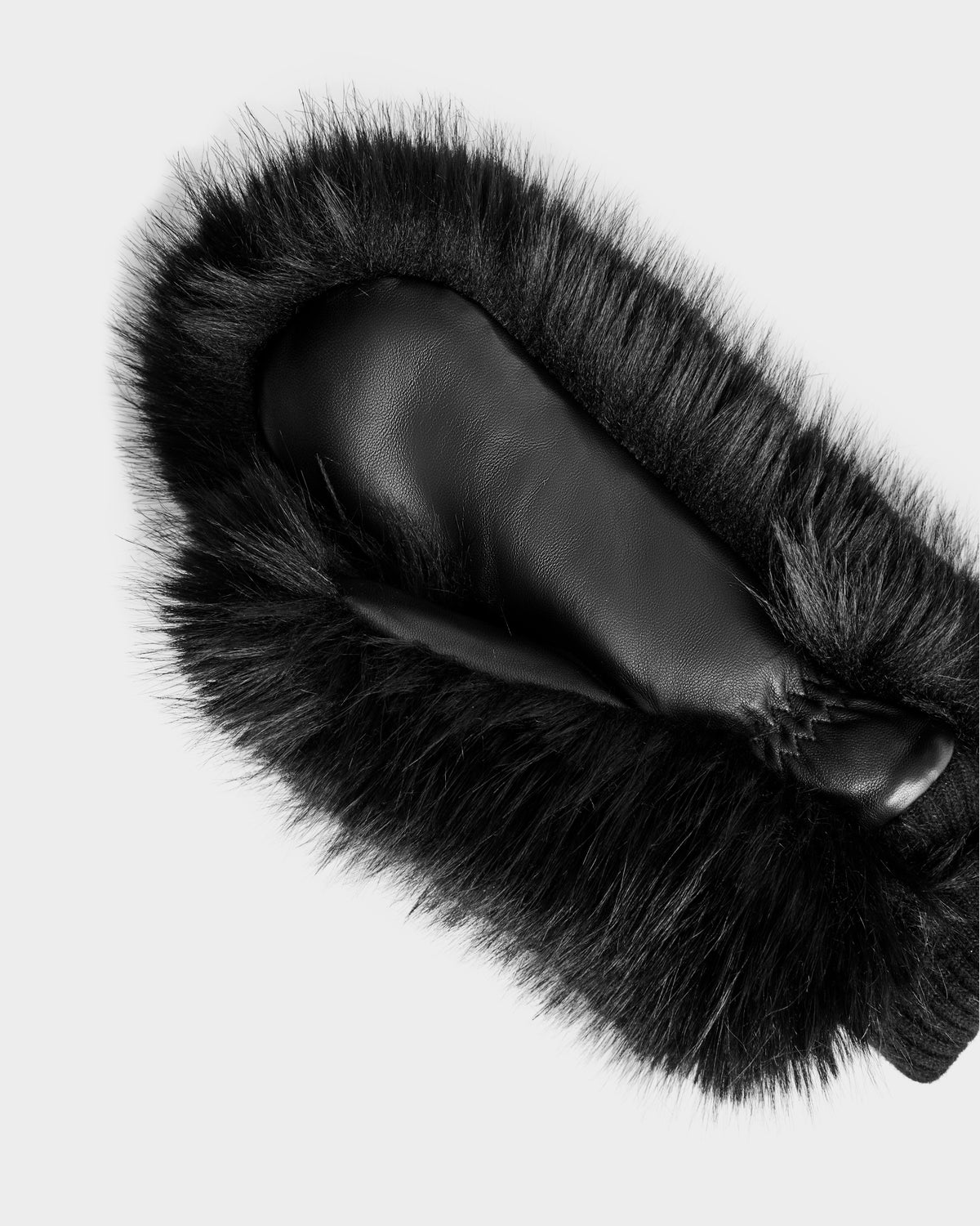 A close-up of the BELLA - 8425006 Black mitten by Rudsak, featuring black leather and thick black faux fur trim against a white background—an elegant winter accessory for apres-ski glamour.