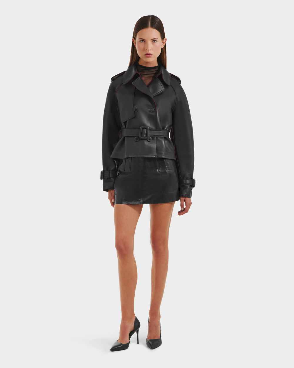 RUDSAK Cassie S-B Black Cropped Bonded Leather Trench Coat – Rudsak