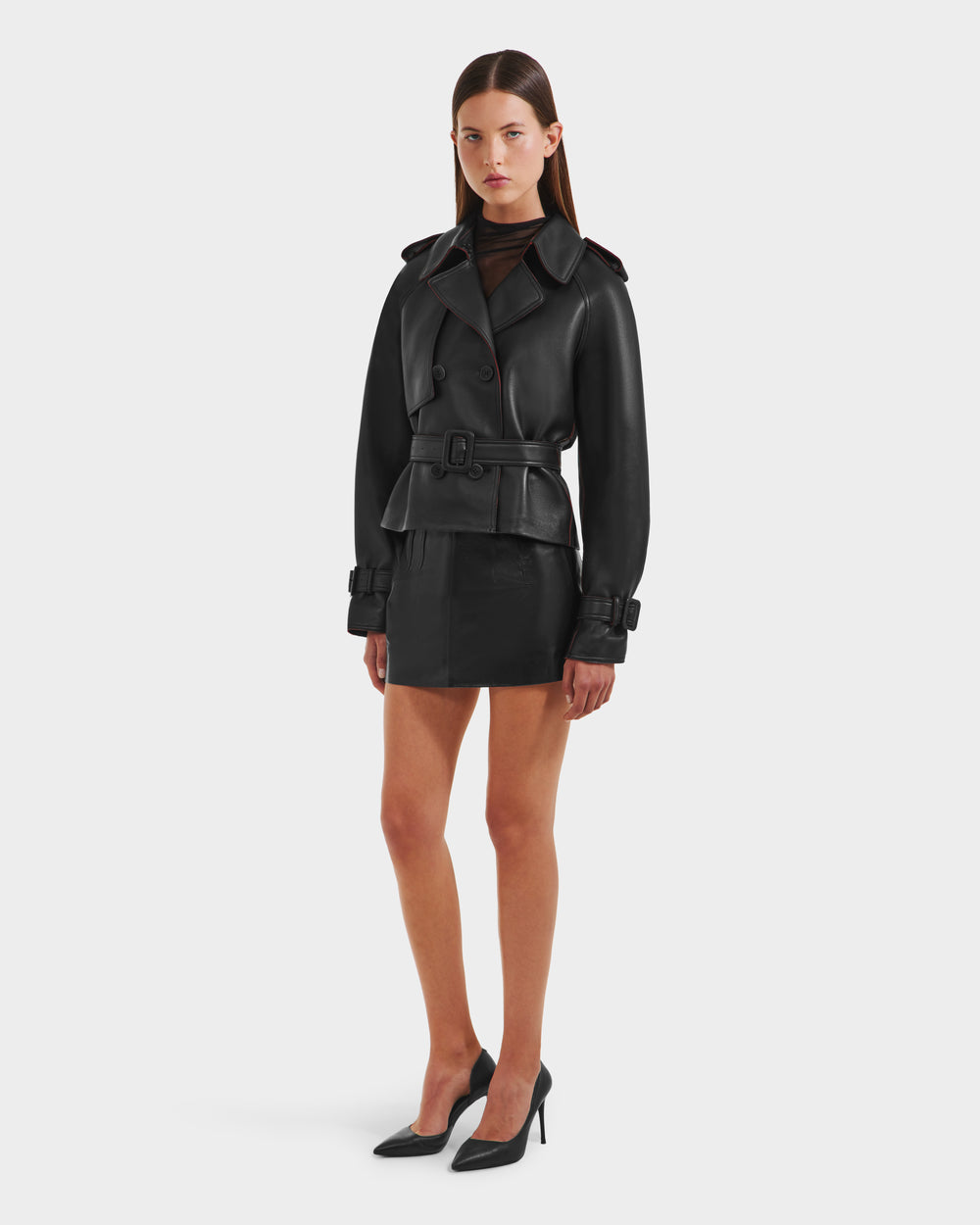 RUDSAK Cassie S-B Black Cropped Bonded Leather Trench Coat – Rudsak
