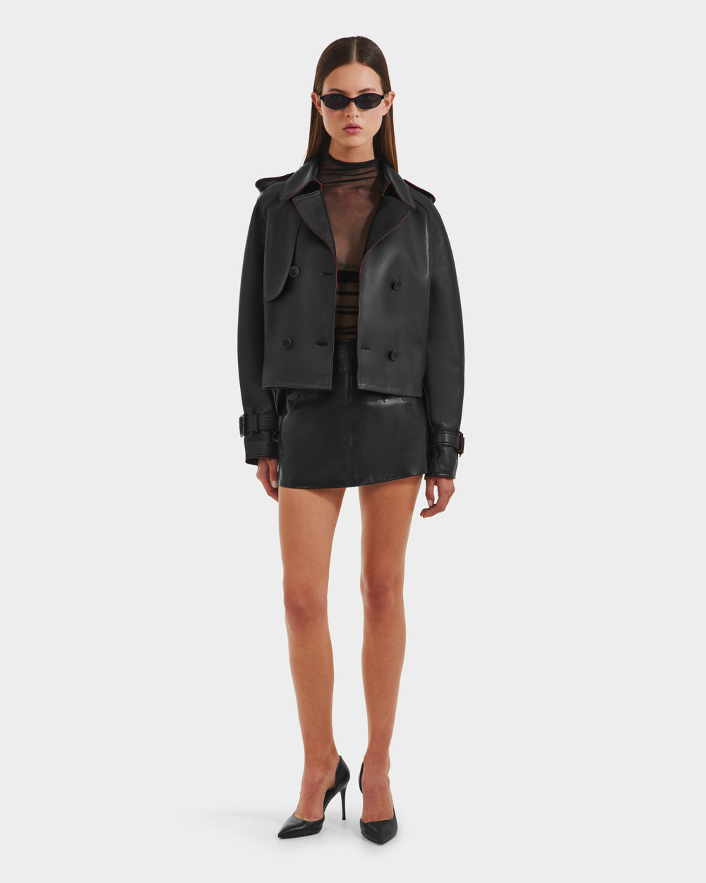 RUDSAK Cassie S-B Black Cropped Bonded Leather Trench Coat – Rudsak