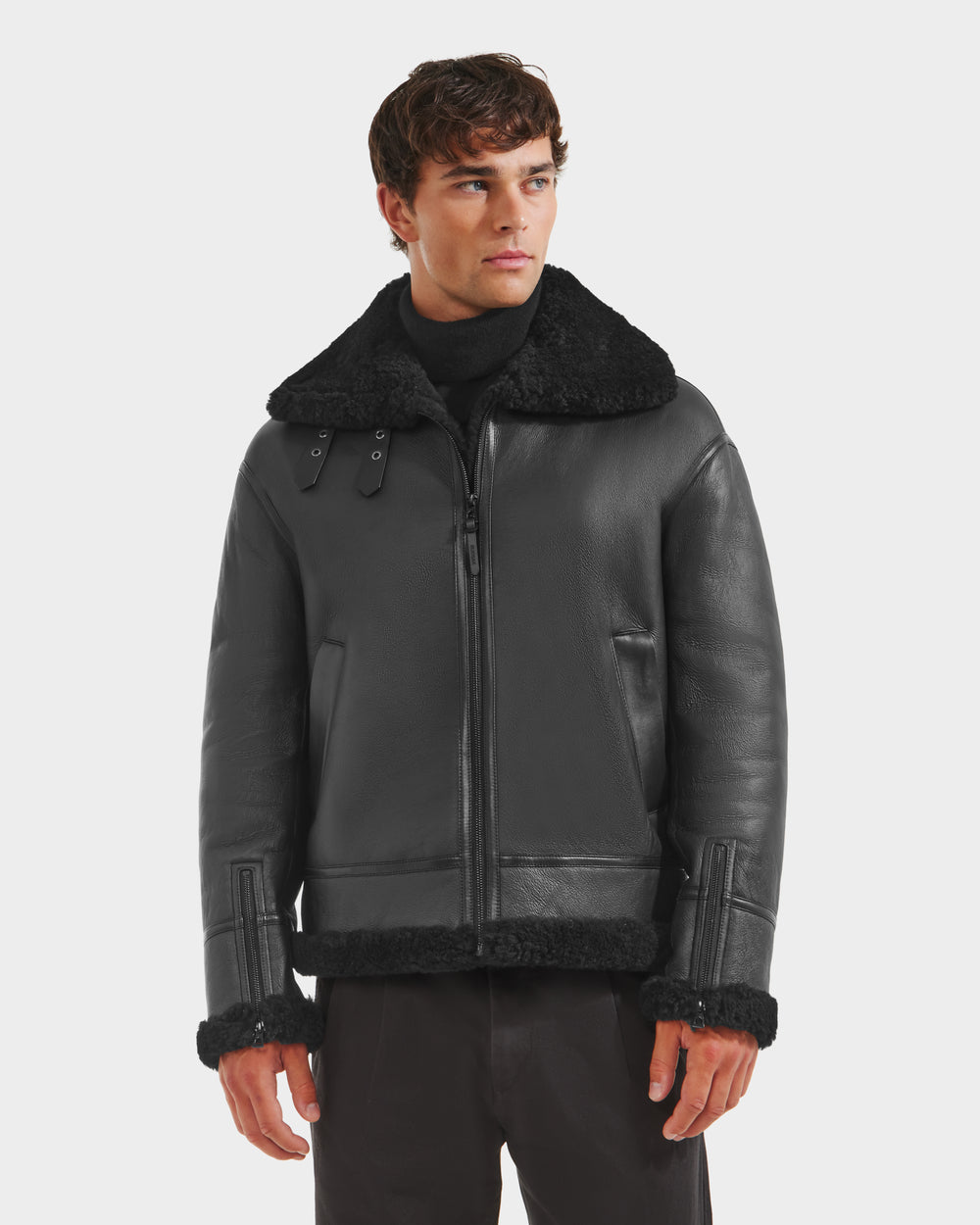 Bomber Jacket Mens Black Moto Shearling Jacket CONOR Men's