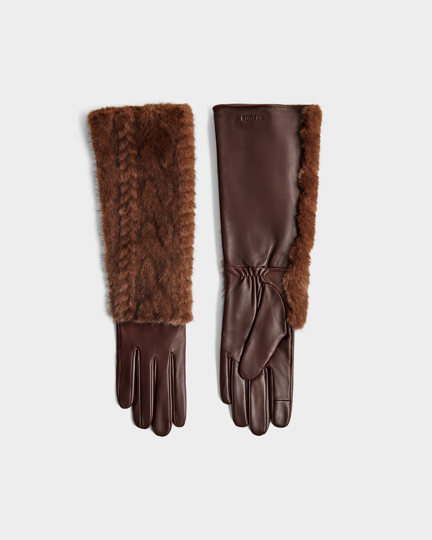 Rudsak COVE - 8425533 Mocha: Long brown leather gloves with soft faux fur trim on cuffs and sides, displayed flat on a light background.