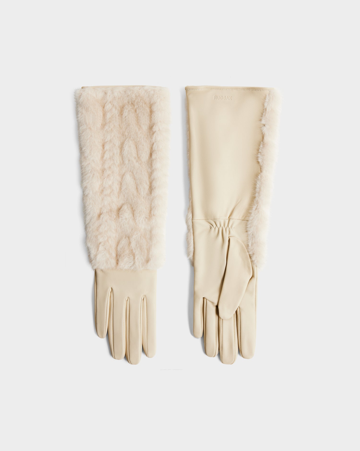 A pair of Rudsak COVE - 8425533 Vanilla long, cream faux fur gloves featuring plush cuff trim and smooth leather-textured fingers and palms, shown side by side on a white background.