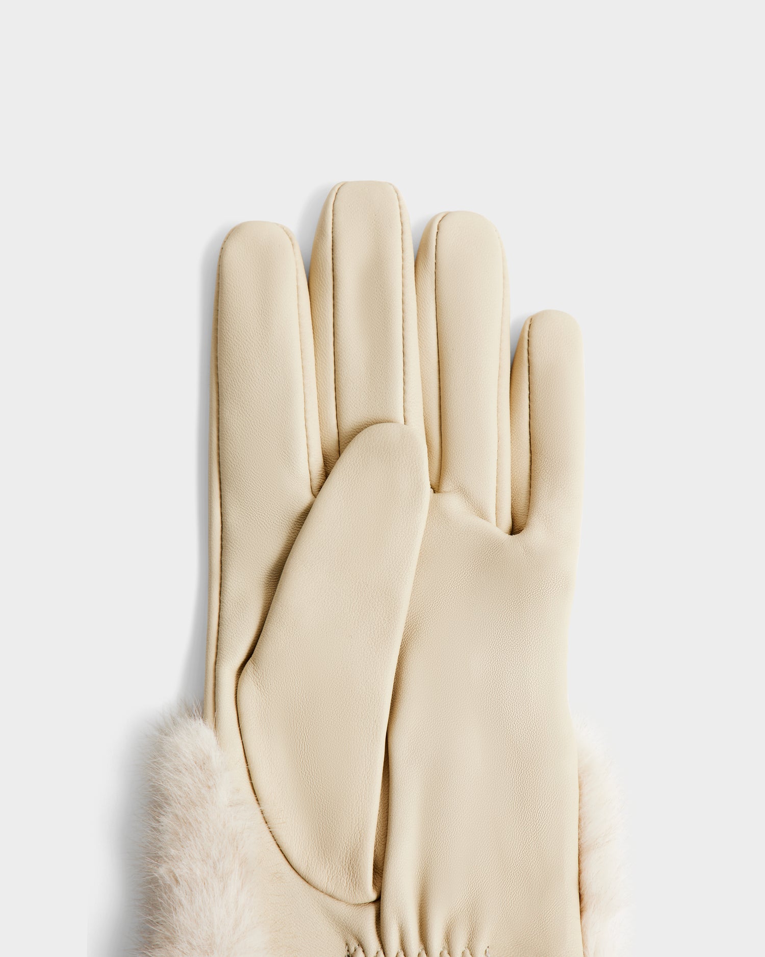 Rudsak’s COVE - 8425533 Vanilla are light beige faux leather touchscreen gloves with faux fur trim at the wrists, shown on a plain white background.