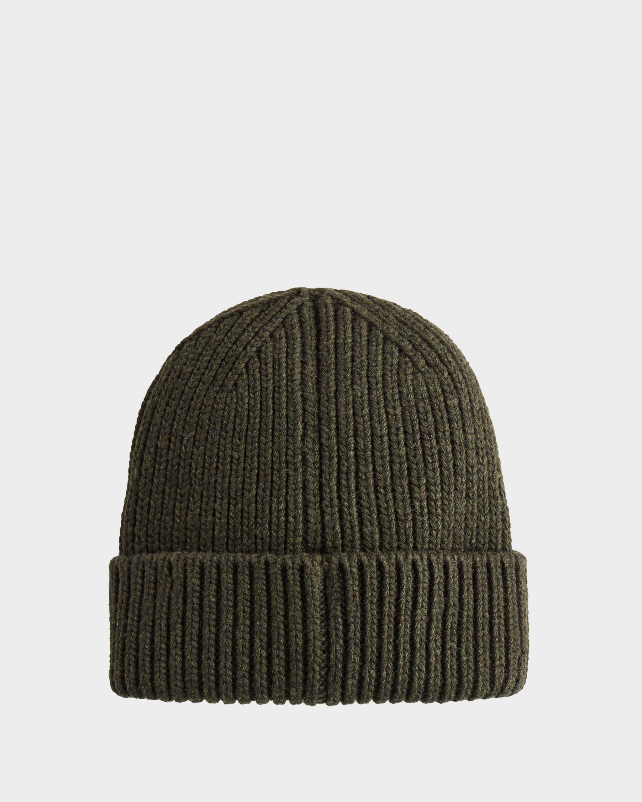 The Rudsak CYBELLE - 9424504 Dark Olive is a unisex, dark olive green ribbed wool blend knit hat with a folded cuff, shown on a plain white background—a stylish and versatile winter essential.