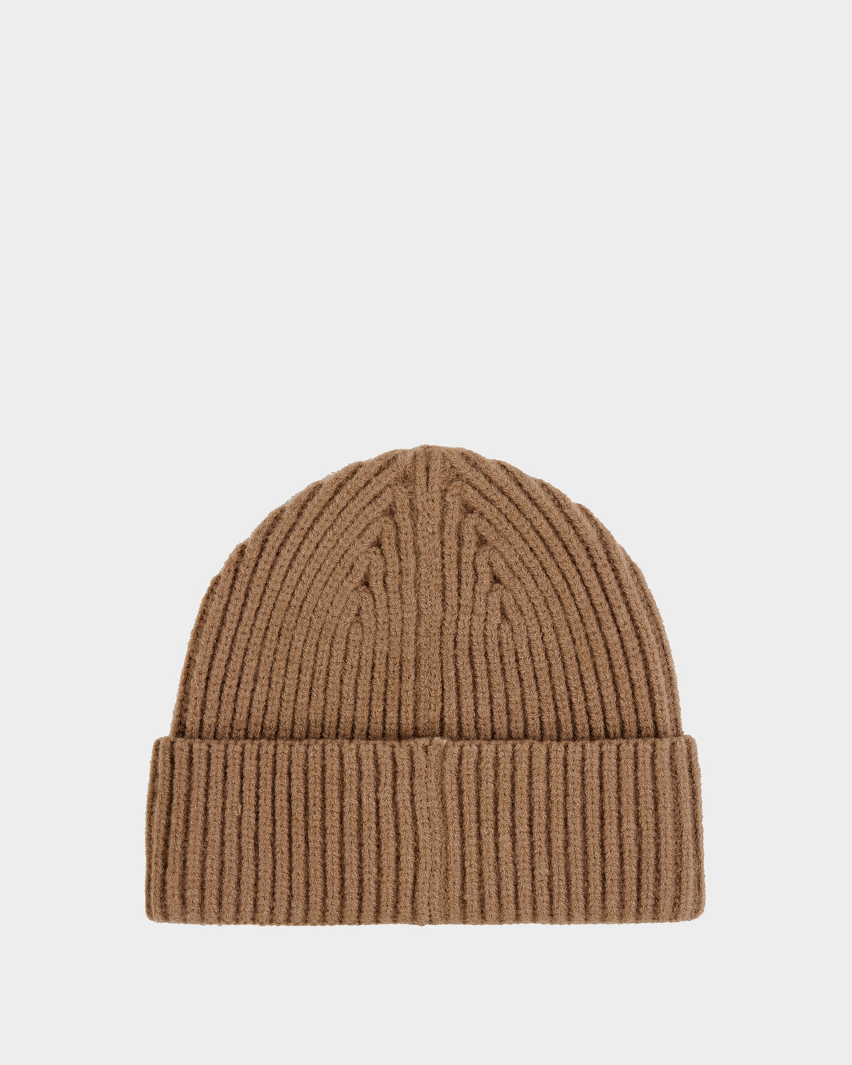 A winter essential, the JULIO - U423502 Sand beanie by Rudsak is a unisex knit hat in brown with a folded cuff, shown against a plain white background.