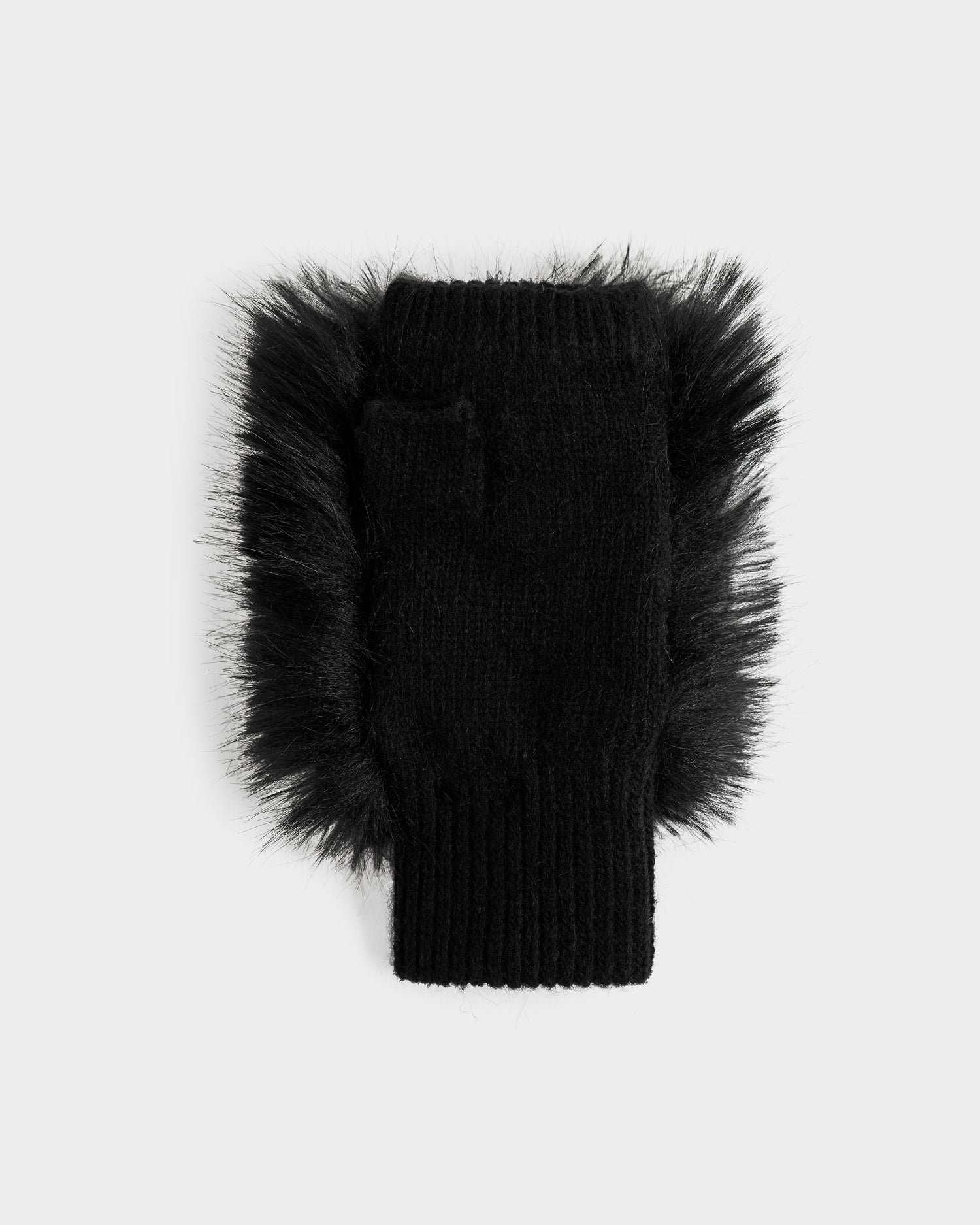 The Rudsak LIA - 8425007 Black women’s fingerless mitten features a wool-blend knit, ribbed cuff, and fluffy faux fur trim, shown on a light background.