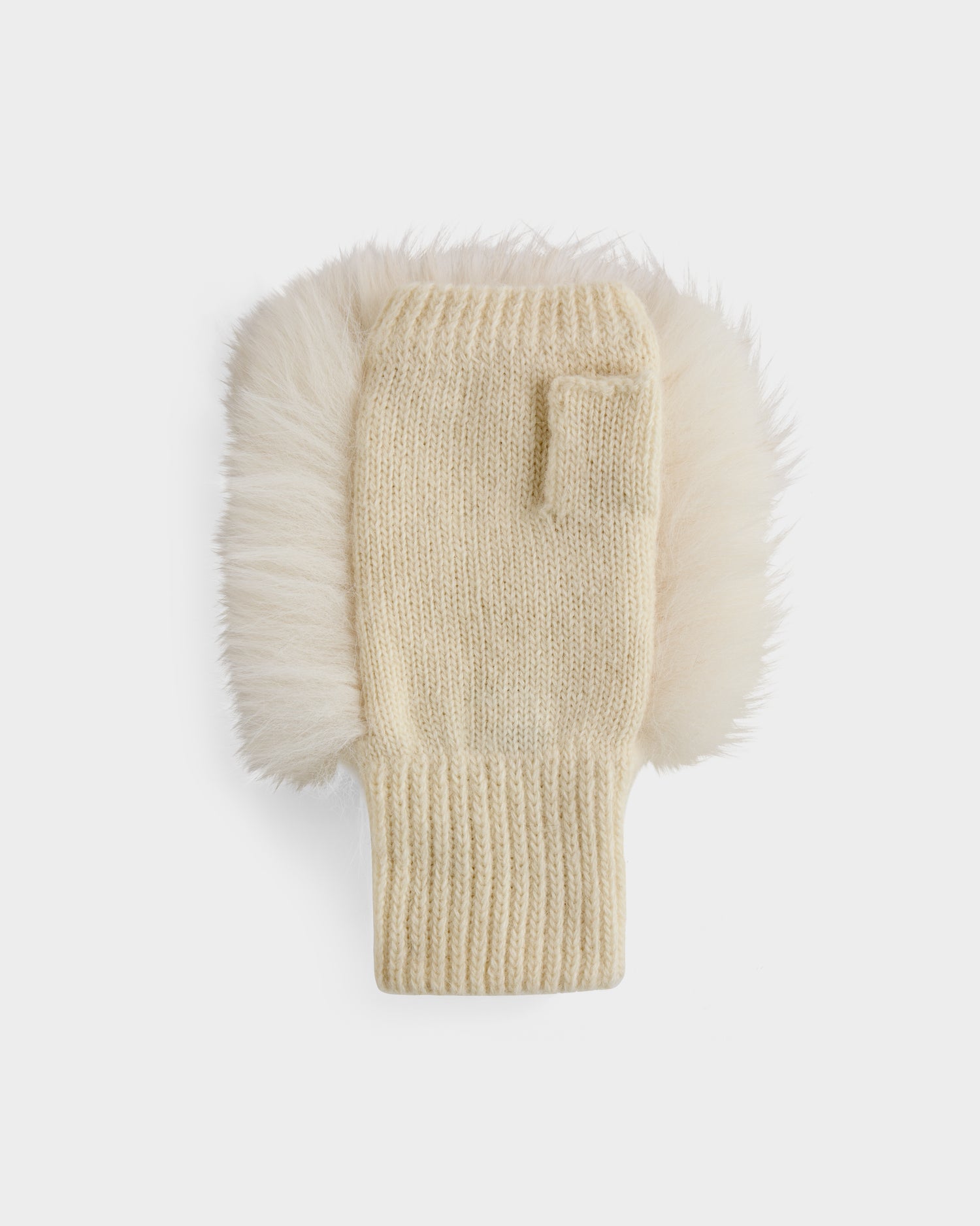 The Rudsak LIA - 8425007 Vanilla is a cream-colored women's fingerless mitten with a ribbed knit sleeve and fluffy faux fur trim, displayed flat on a light background.