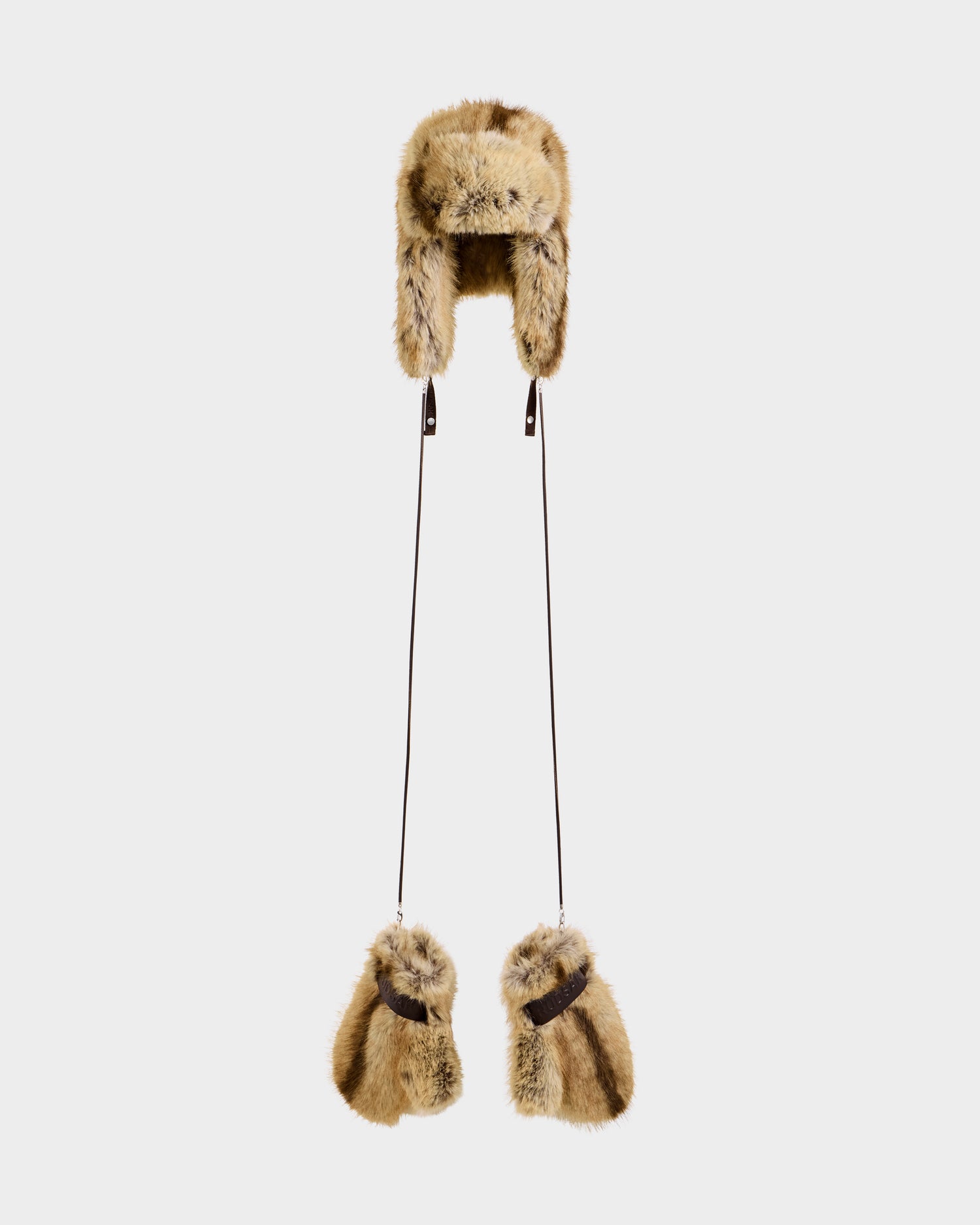 The Rudsak LIRA - 8425024 Mix Mocha is a women’s brown and tan faux fur aviator hat with matching mittens joined by long strings, shown against a white background. Soft and cozy, it brings après-ski style and winter warmth.