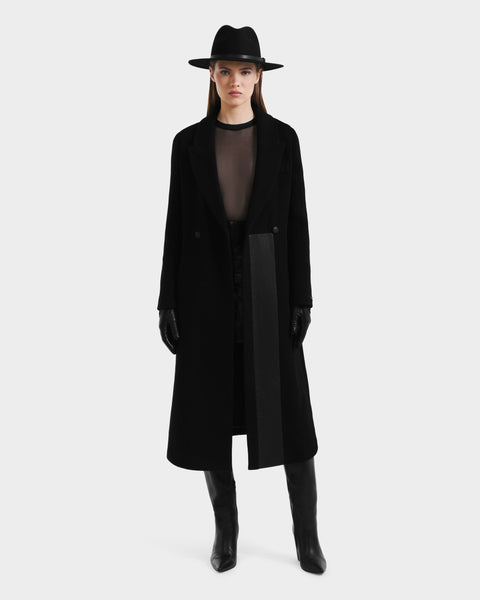 LYNWOOD Black Wool Tailored Coat | Luxe Leather Panel Design – Rudsak
