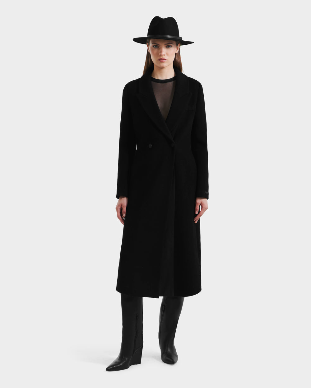 LYNWOOD Black Wool Tailored Coat | Luxe Leather Panel Design – Rudsak