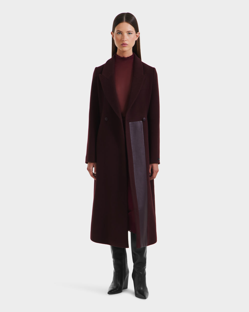 RUDSAK LYNWOOD Women's Bordeaux Wool Coat with Leather Panel – Rudsak