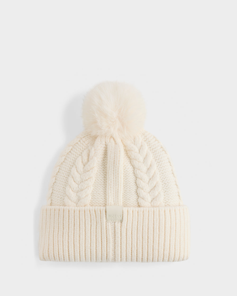 RUDSAK MAE Vanilla Cable Knit Tuque – Glamorous Faux Fur Pom Pom
