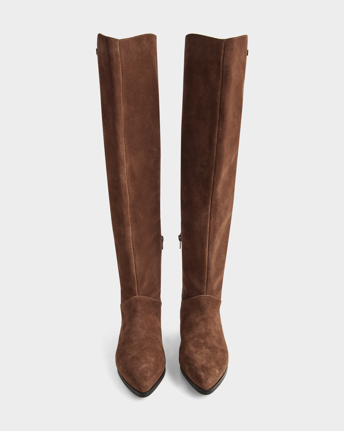 A pair of Rudsak MARSALLA - 8225033 Mocha women’s tall brown suede riding boots with pointed toes and side zippers, displayed upright against a plain white background.