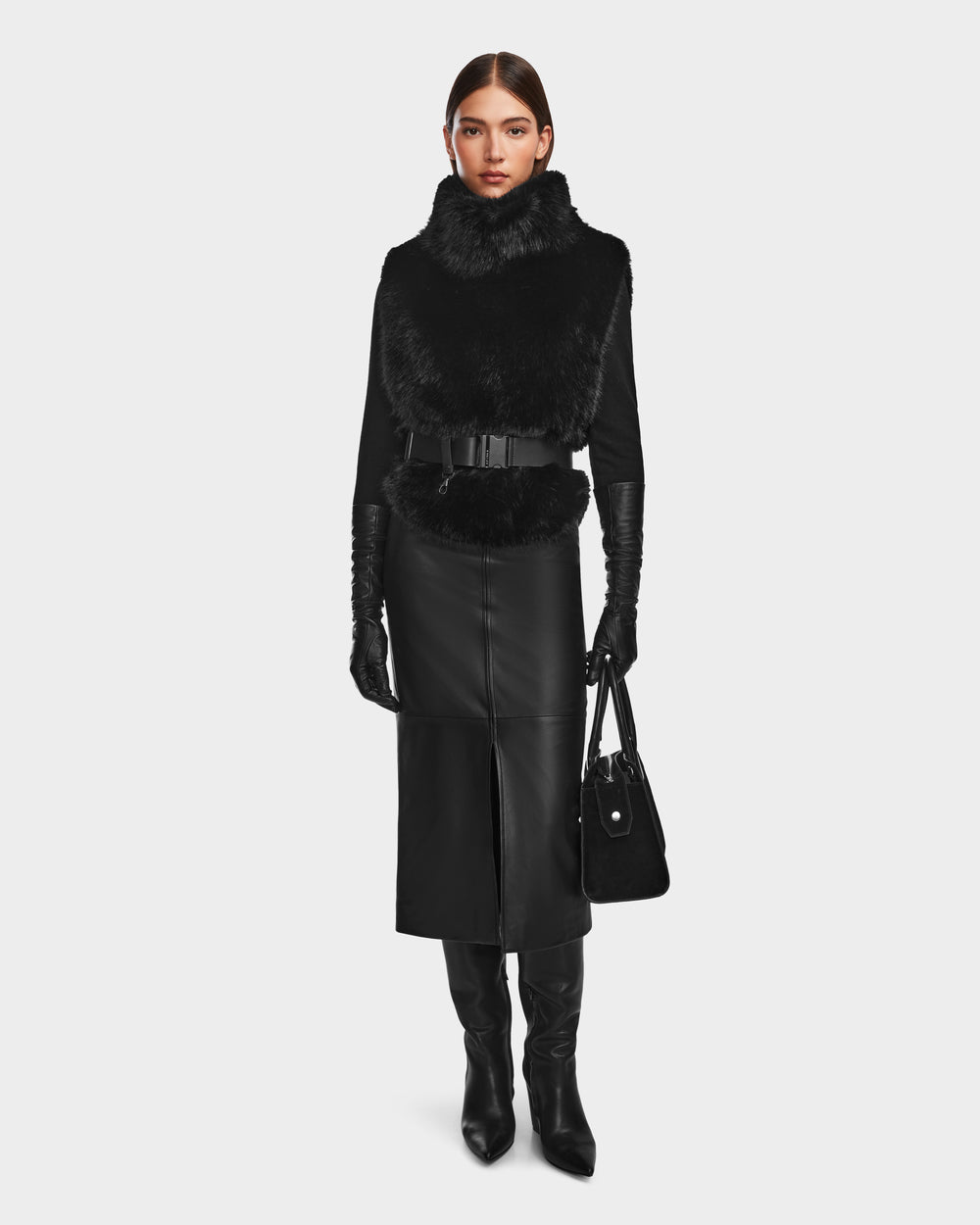 MAULIN Black Faux Fur Vest | Chic Mock-Neck & Vegan Leather – Rudsak
