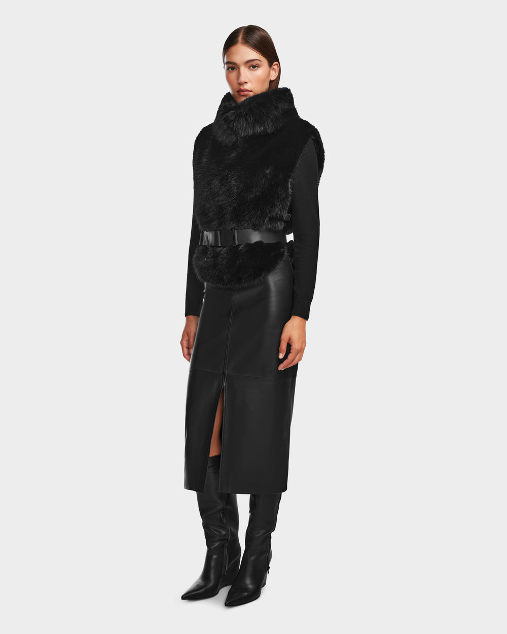 sublations FURROW KNIT VEST .11【BLACK】 MAULIN Black Faux Fur Vest | Chic Mock-Neck & Vegan Leather – Rudsak