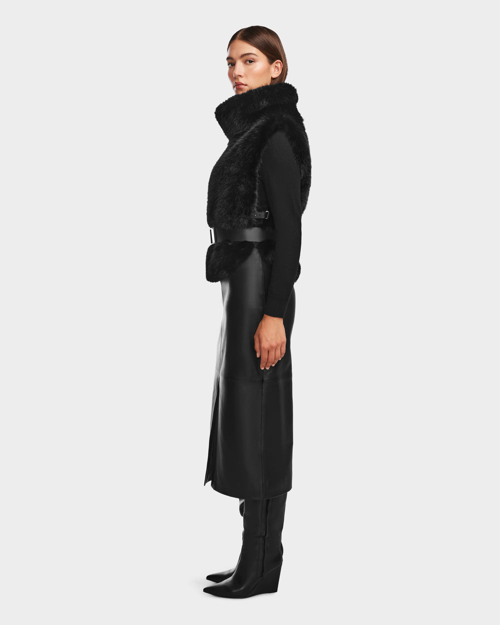 MAULIN Black Faux Fur Vest | Chic Mock-Neck & Vegan Leather – Rudsak