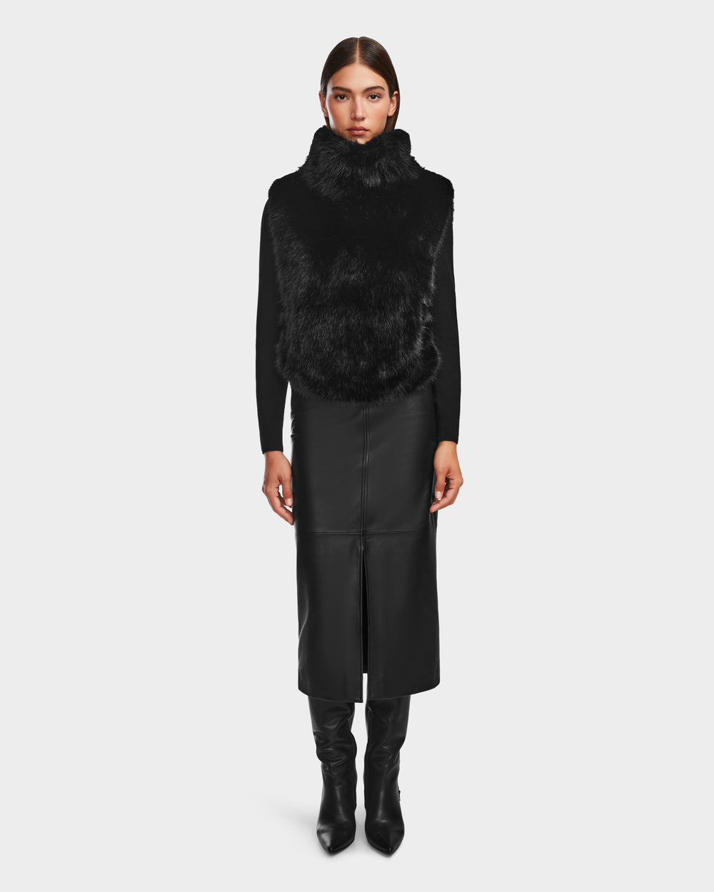 MAULIN Black Faux Fur Vest | Chic Mock-Neck & Vegan Leather – Rudsak