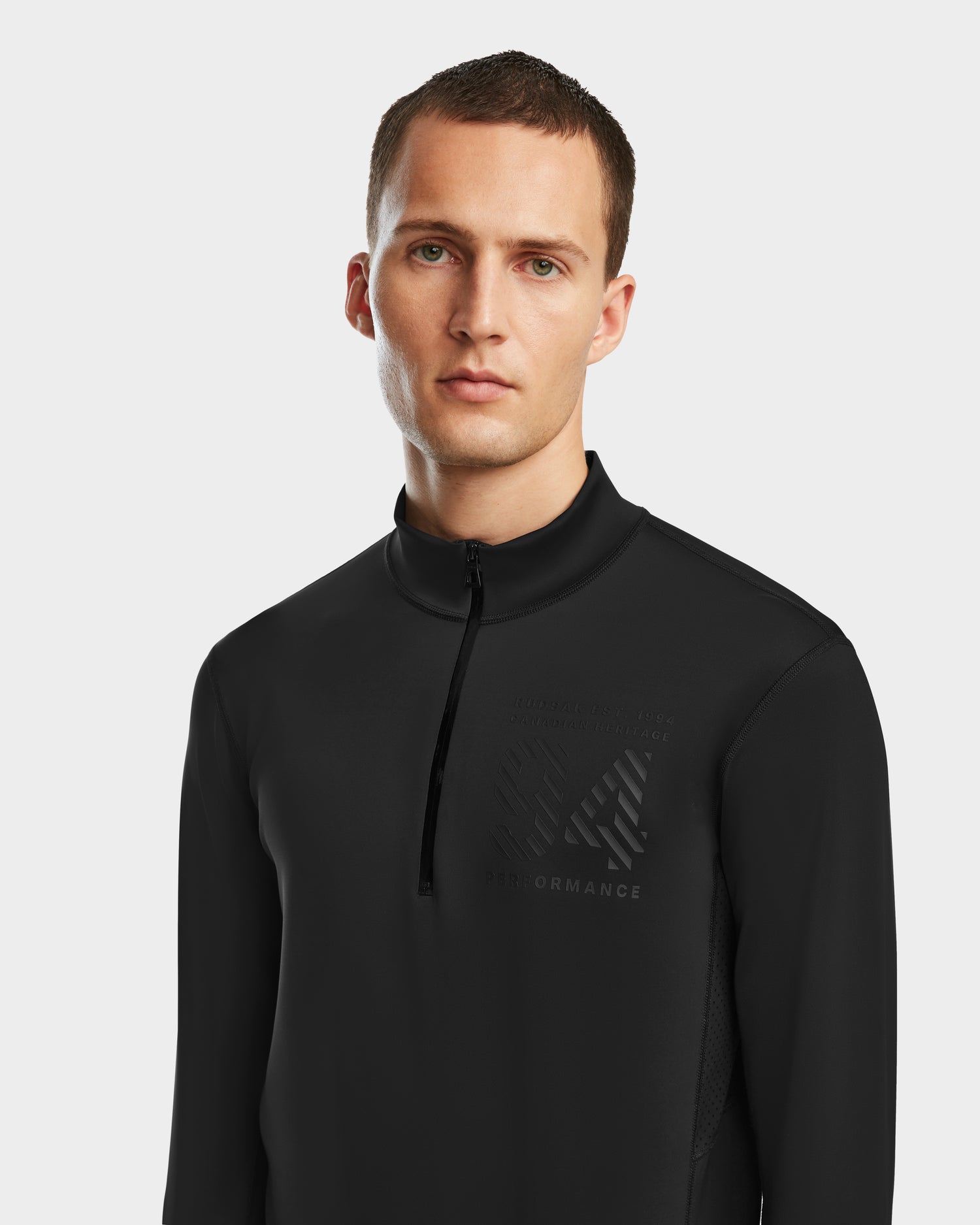 A man with short brown hair wears the Rudsak RALI - 6524522 Black men’s active top, a black technical quarter-zip featuring a subtle chest logo and Performance text, standing against a plain white background.