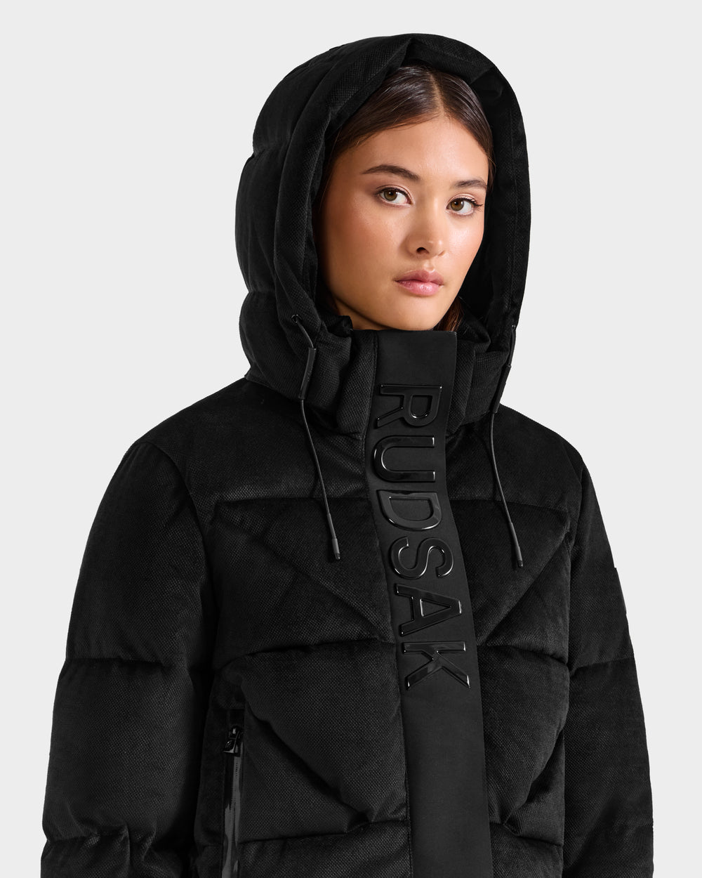 RUDSAK STEFANIE V Black Velvet Down Puffer | Warm & Chic – Rudsak