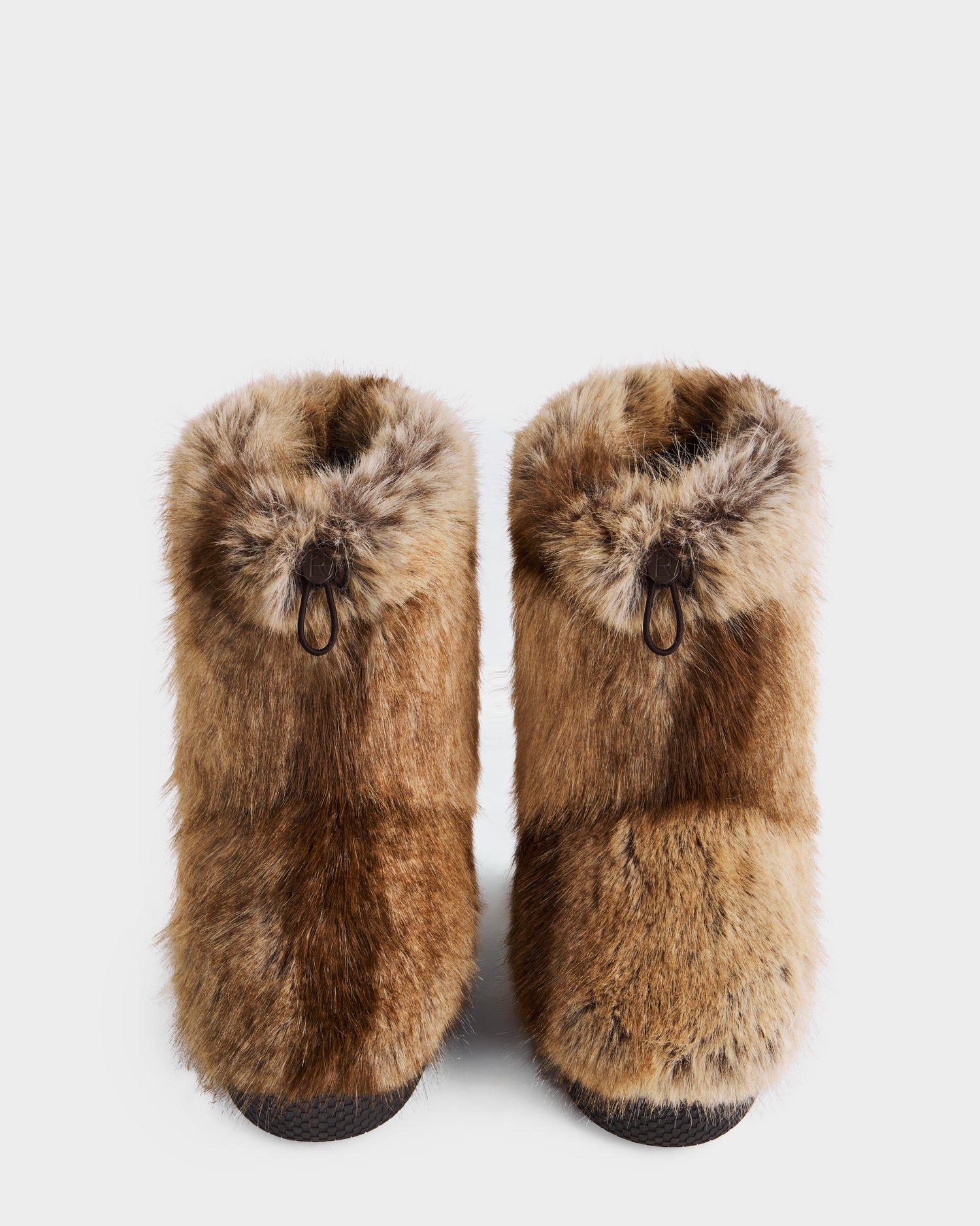A pair of Rudsak SUZIE - 8225052 Mix Mocha women’s faux fur moon boot slippers with a cozy, fluffy brown texture, standing side by side on a white background.