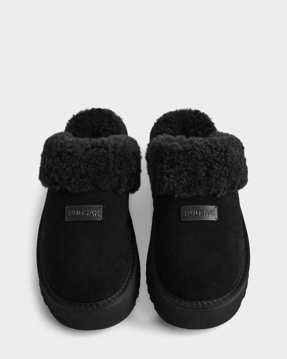 RUDSAK WILMA Black Suede Platform Slippers | Cozy & Stylish – Rudsak