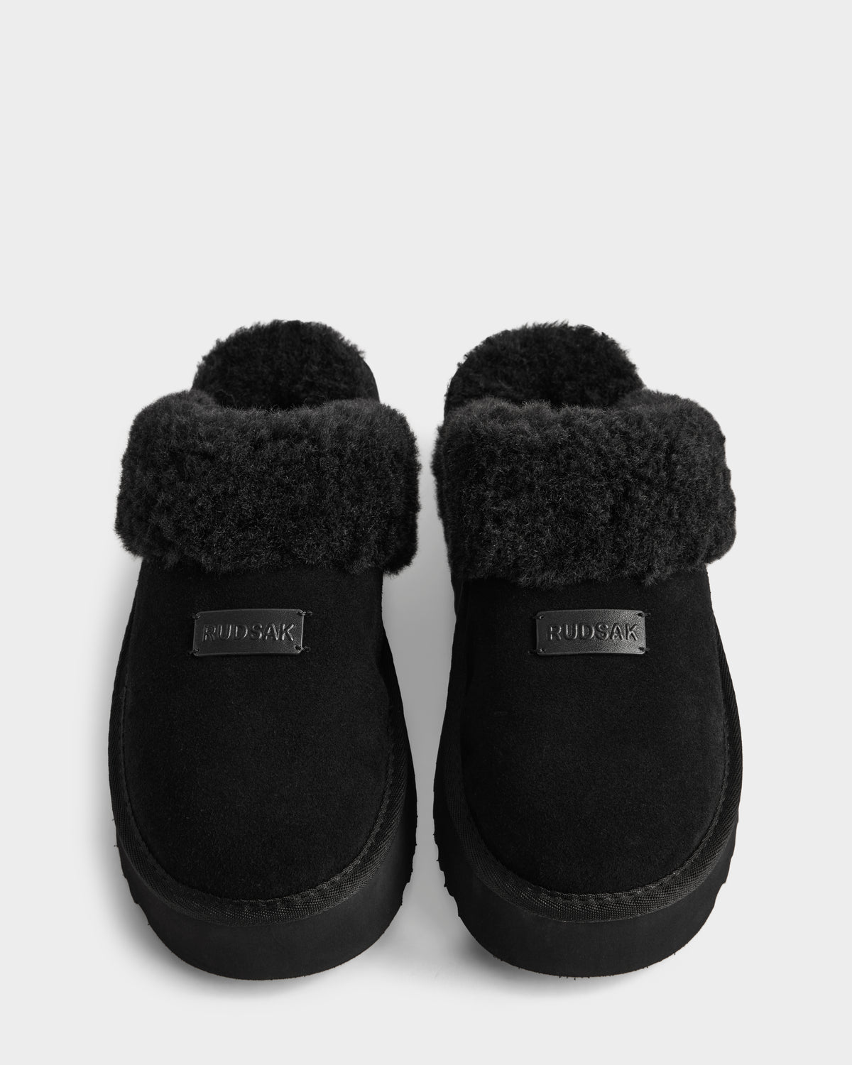 RUDSAK WILMA Black Suede Platform Slippers | Cozy & Stylish – Rudsak
