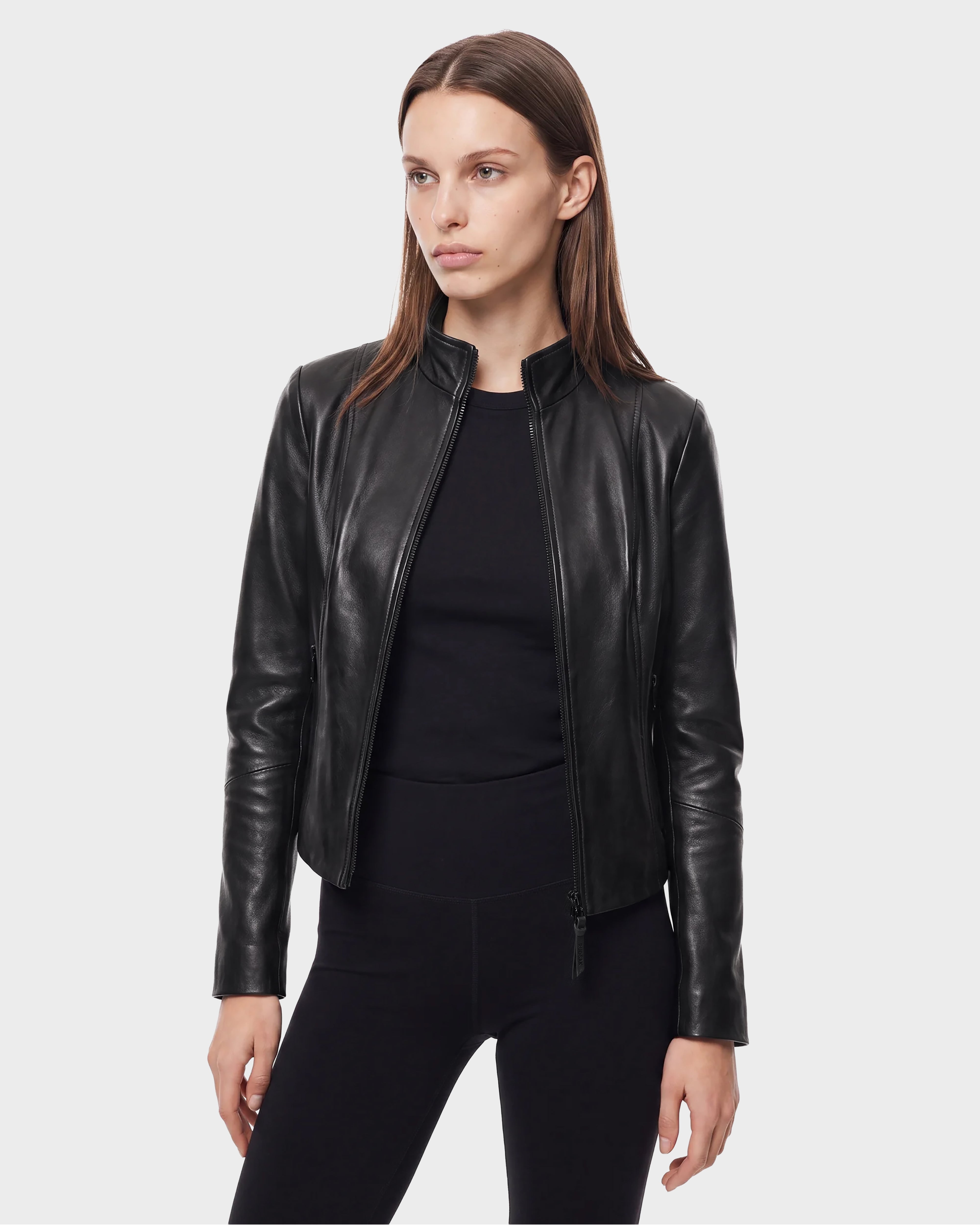 たろー　レディース　BLK M RUDSAK ABIGAIL Women's Black Leather Racer Jacket - Fitted