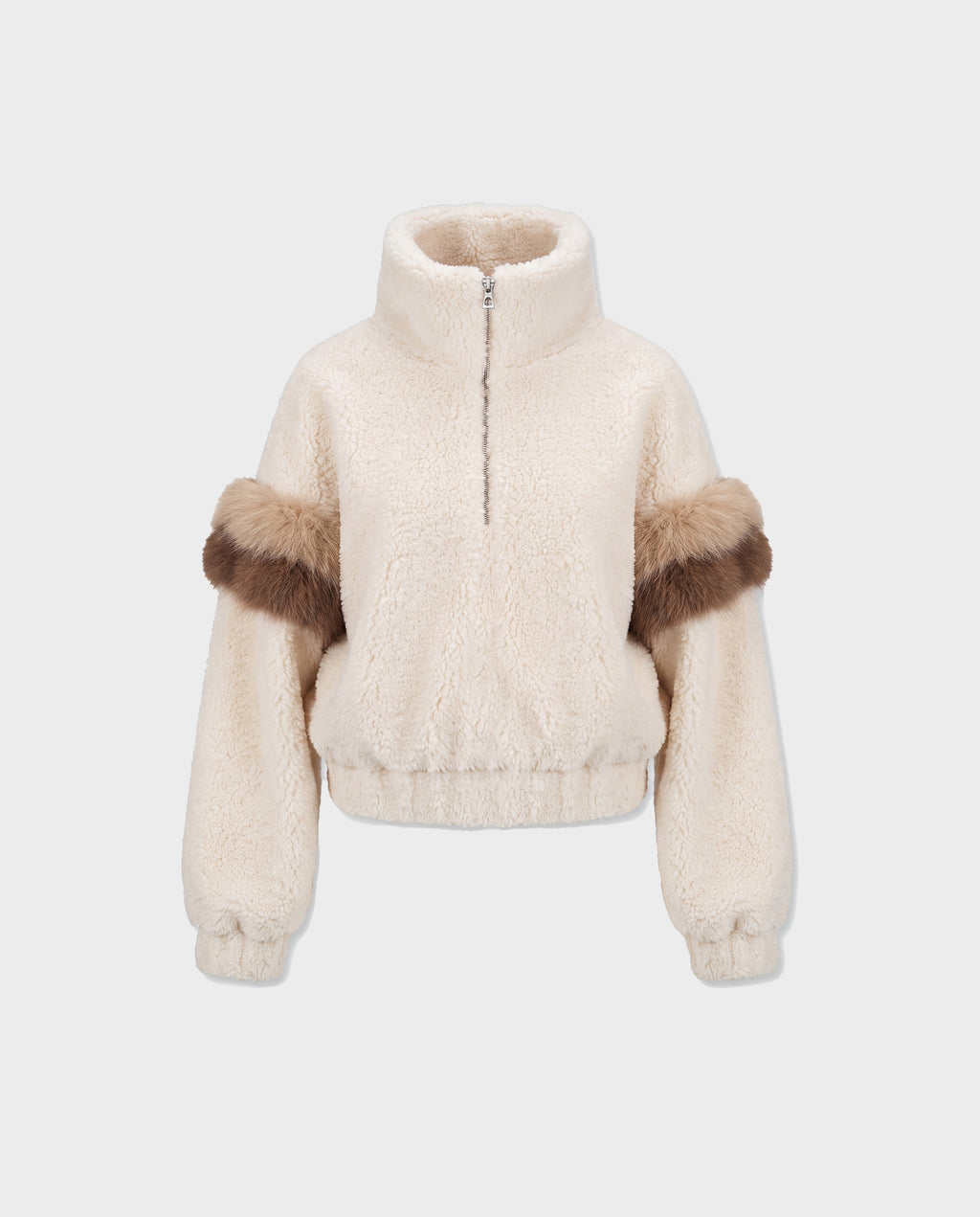 The ALEIA - 8526693 Vanilla by Rudsak is a cream long-sleeve high-neck fleece pullover with brown faux fur arm bands and a front half-zip, perfect for stylish winter layering. Shown on a plain white background.