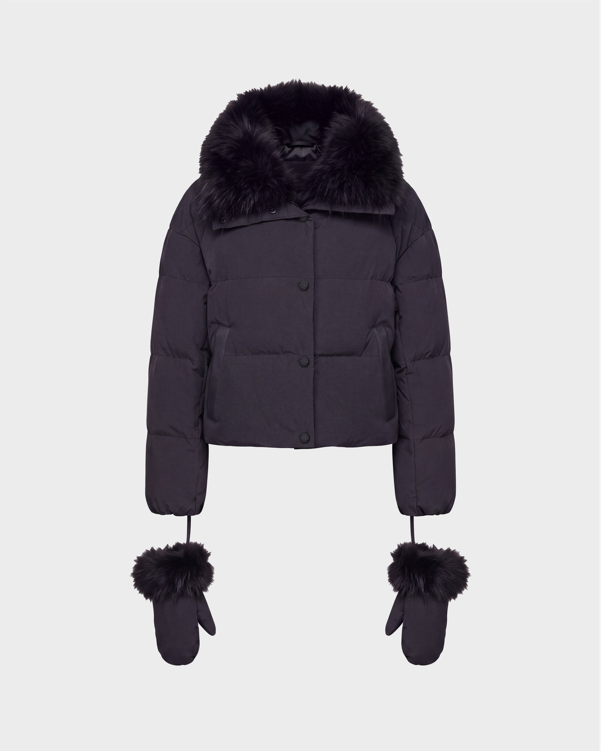 Rudsak ALONDRA - 8126992 black cropped puffer jacket with a faux fur collar and matching mittens on strings.