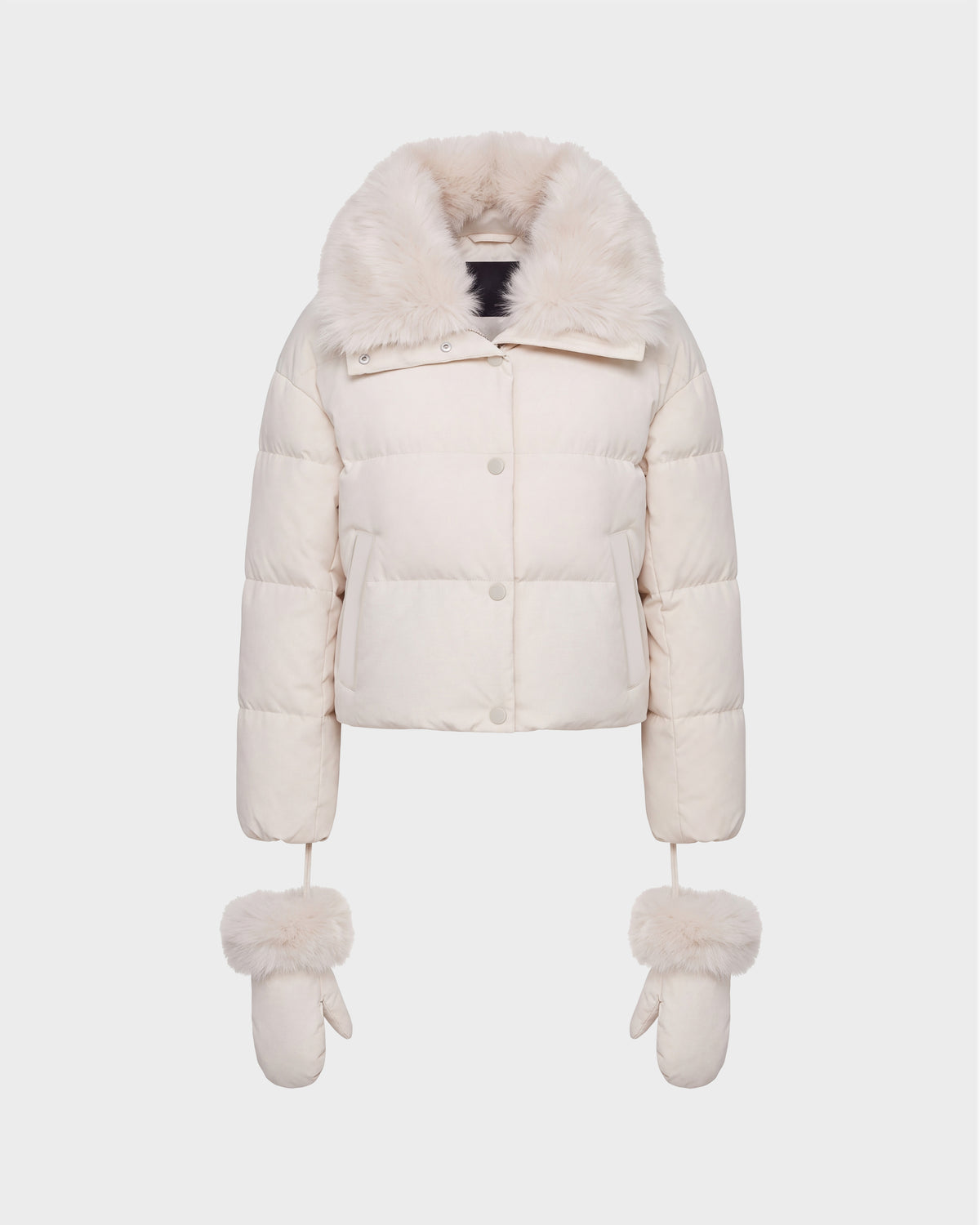 Off-white ALONDRA - 8126992 Vanilla cropped puffer jacket with an RDS-certified down fill, a faux fur collar, and matching mittens with faux fur cuffs attached to the sleeves by thin cords.